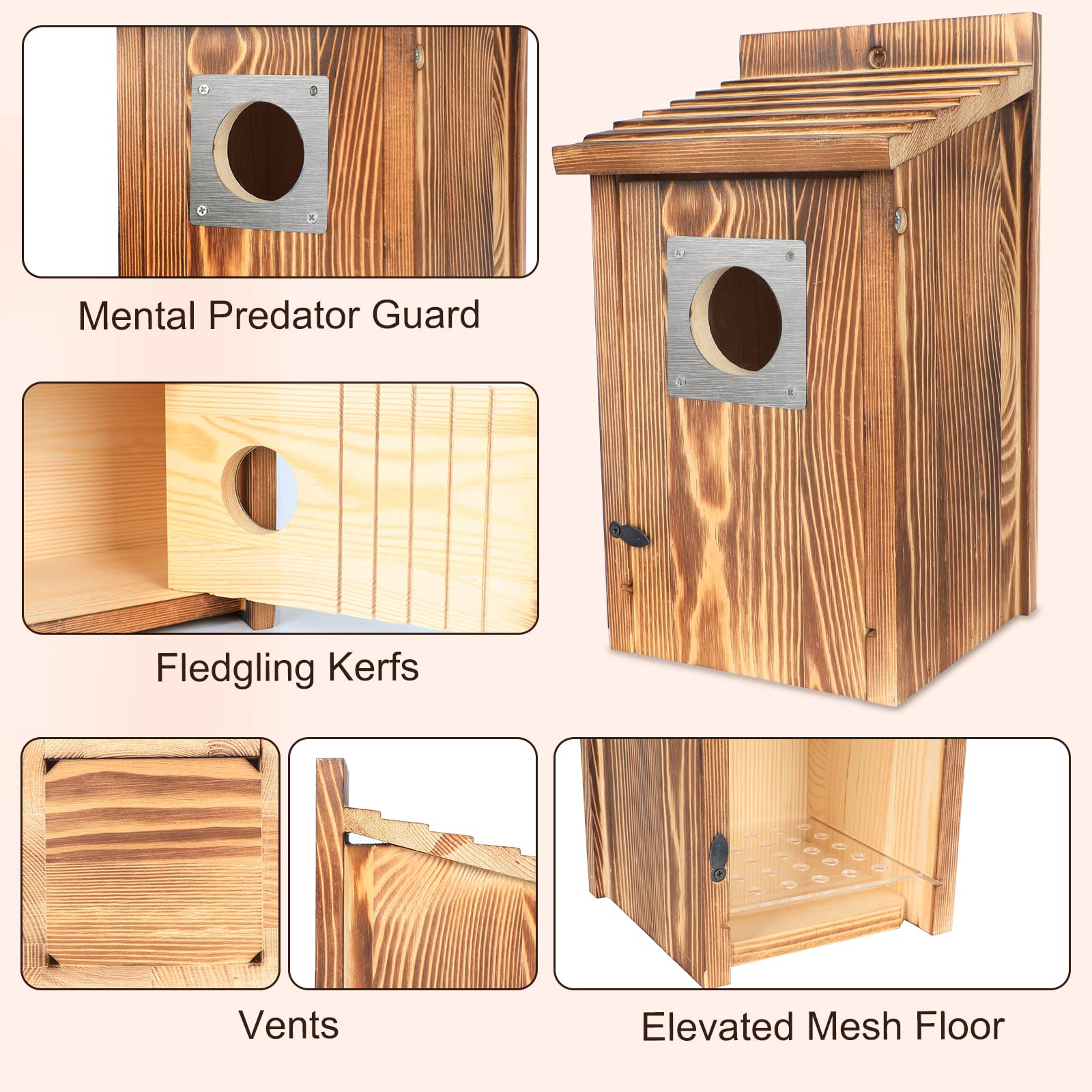 Bird Houses for Outside with Metal Predator Guard for Bluebird Wren Swallow Finch, Carbonized Wooden Nesting Boxes for Outdoor, Sturdy Bird House,Easy to Clean