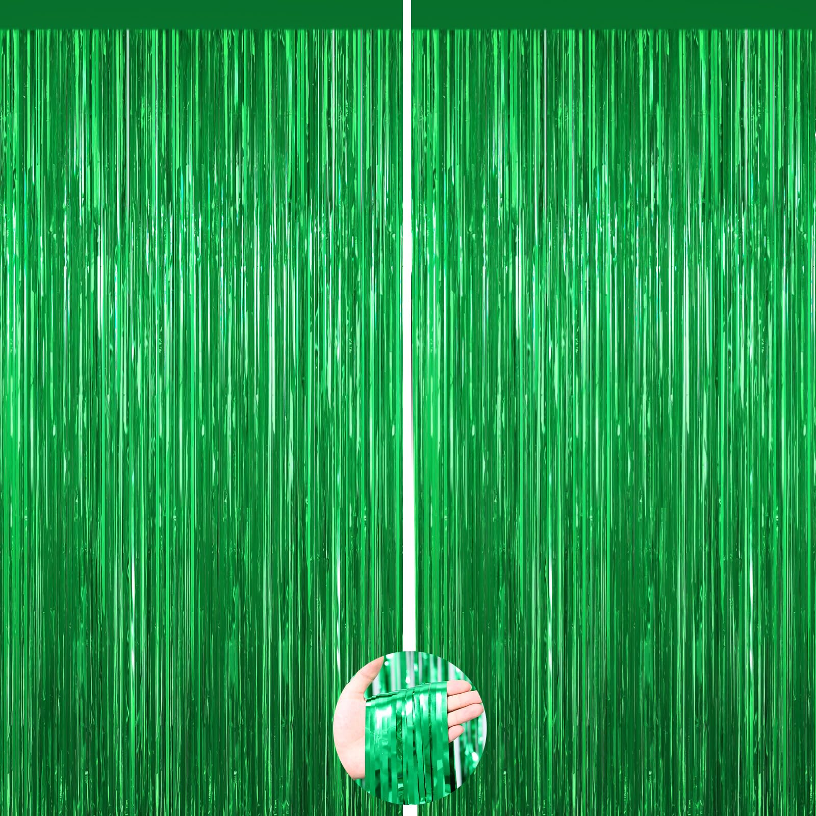 Green Tinsel Backdrop, 2Pack Metallic Foil Fringe Curtains, Party Streamers