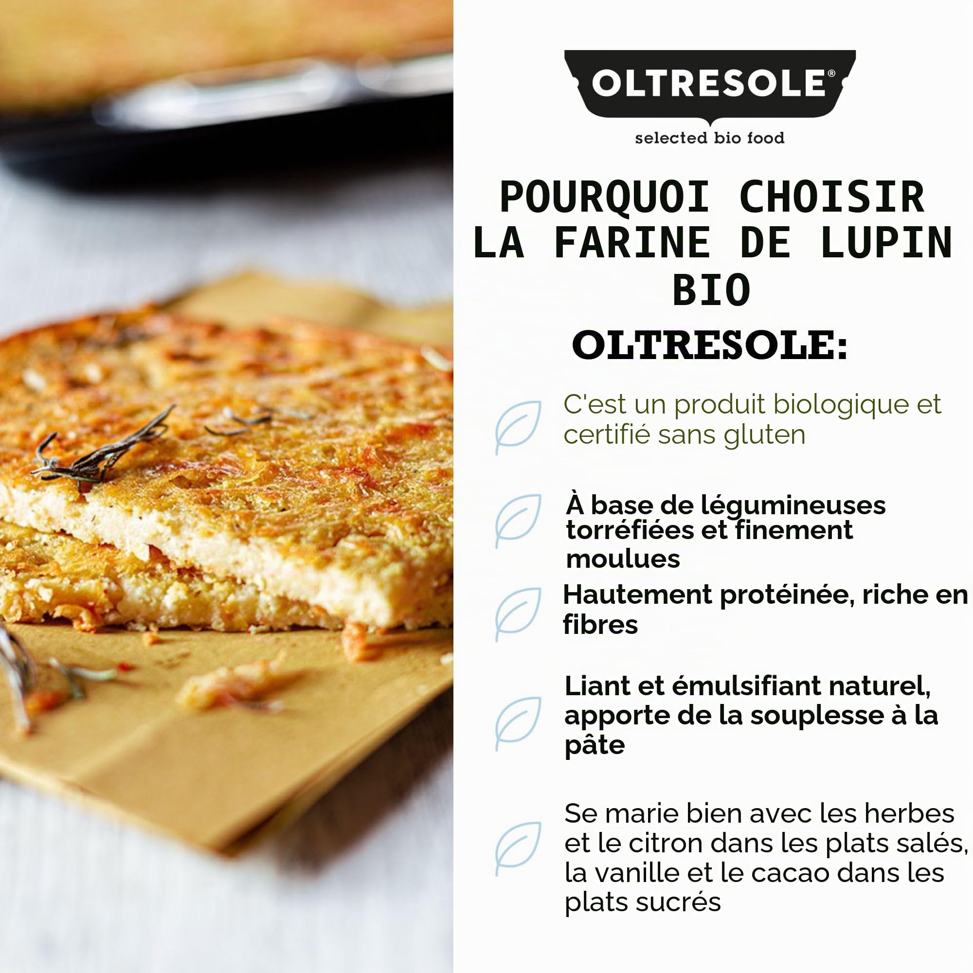 Oltresole - Farine de lupin biologique 1 kg - Farine de légumineuse biologique, riche en protéines, pauvre en glucides, riche en fibres, parfaite pour les sucreries et les plats salés, végétalienne