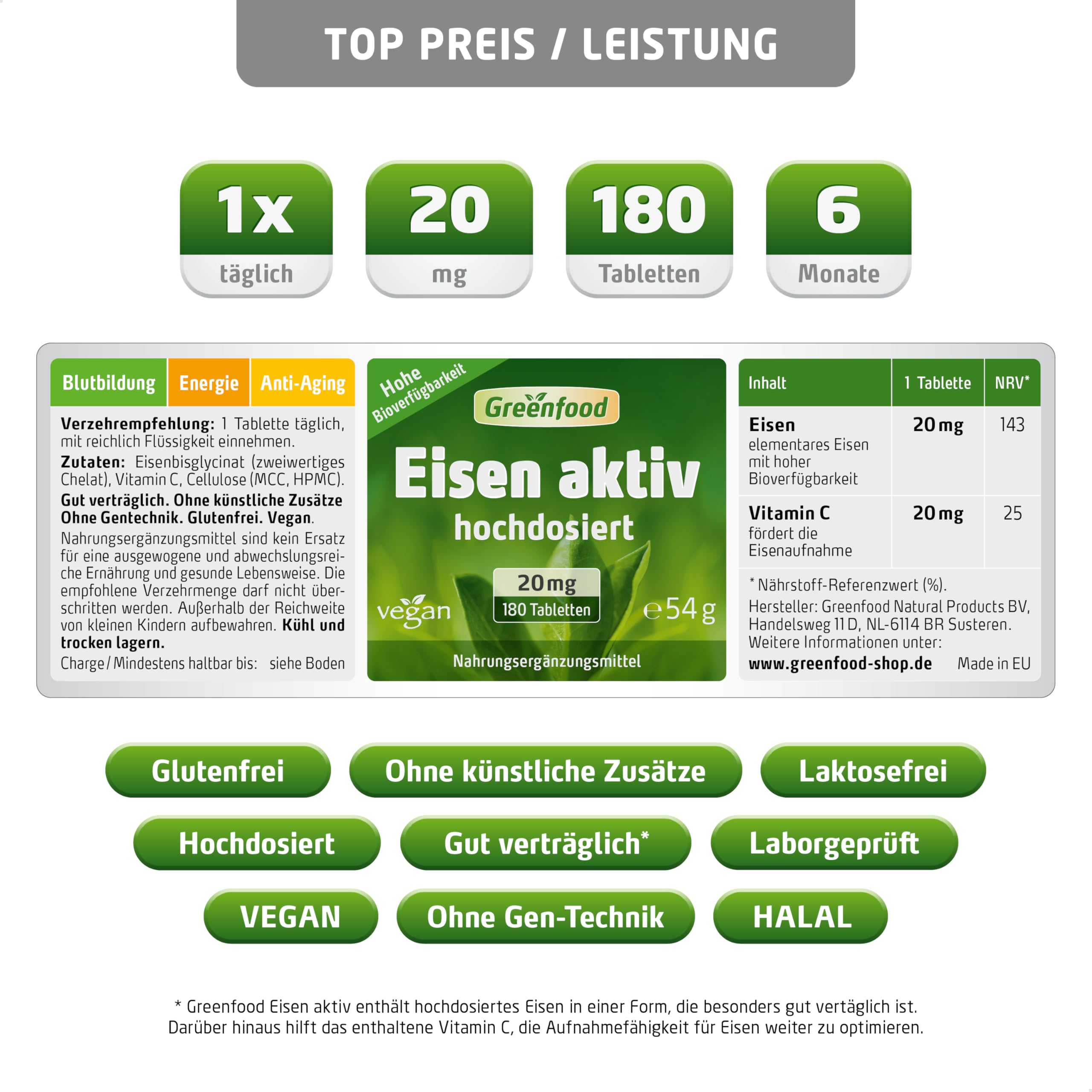 Eisen aktiv, hochdosiert, 20mg - 180 Tabletten, vegan. Eisenbisglycinat - gut verträglich - gegen Müdigkeit & Erschöpfung, Eisenmangel. OHNE künstliche Zusätze - laborgeprüft. Von Greenfood.