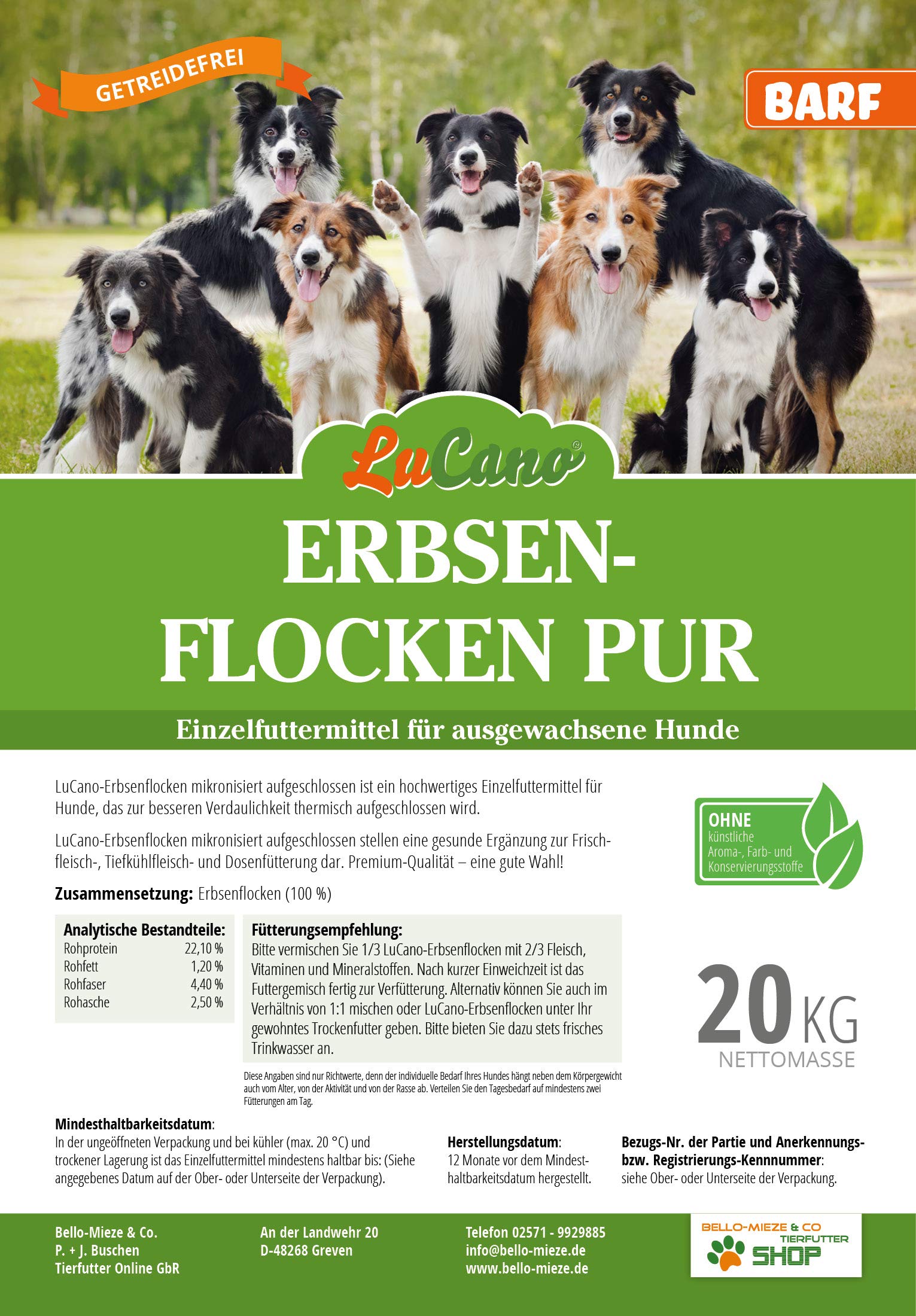 LuCano Erbsenflocken pur | aufgeschlossene, hochverdauliche Gemüseflocken auch für Hunde (20 kg)