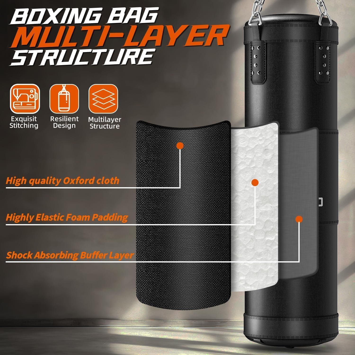 Boxsack Set für Erwachsene, 120cm schwere Boxsack mit 12oz Handschuhen, 5m Handverpackungen für MMA Karate Kickboxing Boxen Home Gym Training - Ungefüllt