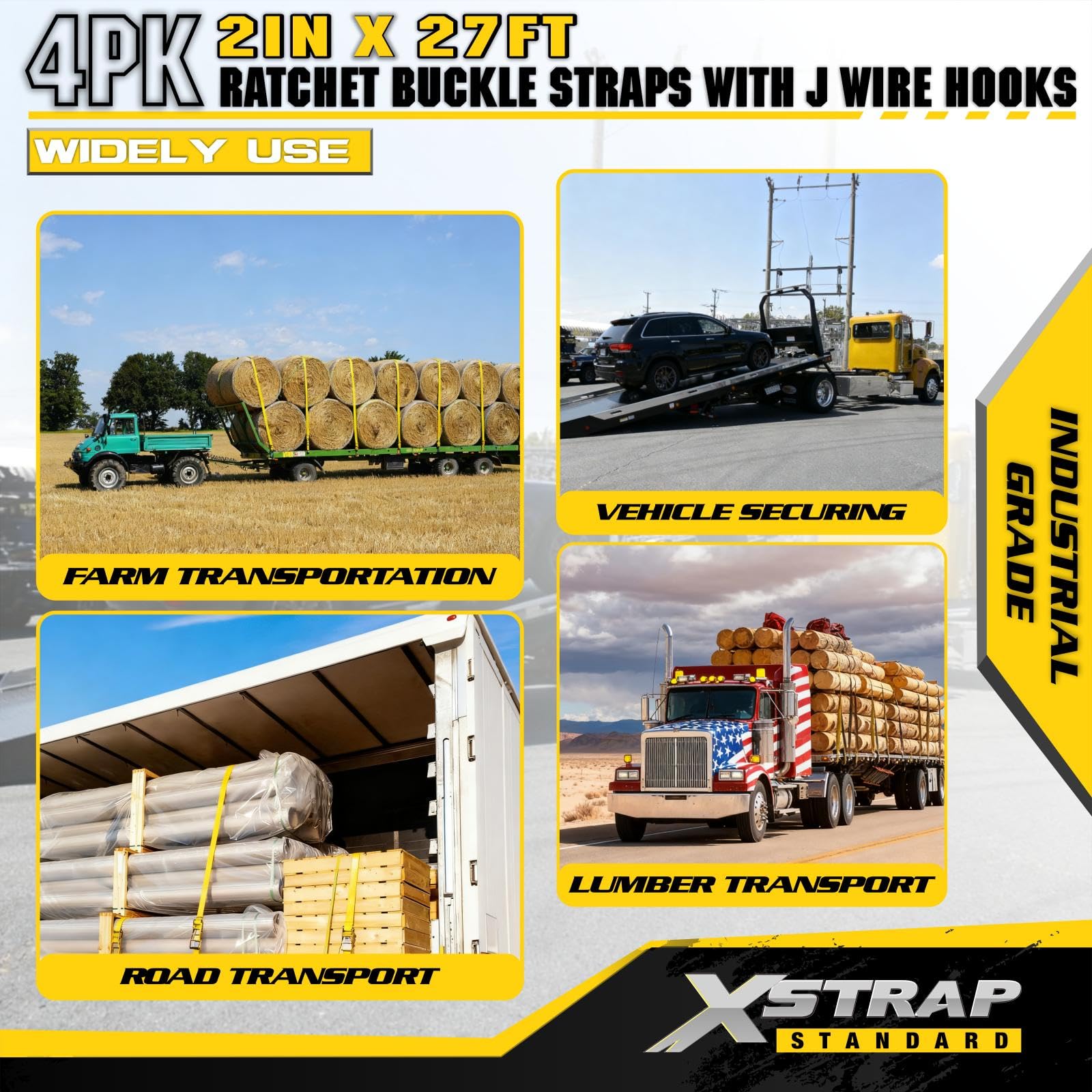 XSTRAP STANDARD Confezione da 4 cinghie industriali da 5,1 cm x 27 ', cinghie a cricchetto resistenti con doppi ganci a J, carico di lavoro 1511,8 kg, resistenza alla rottura 4.535,9 kg, cinghie da