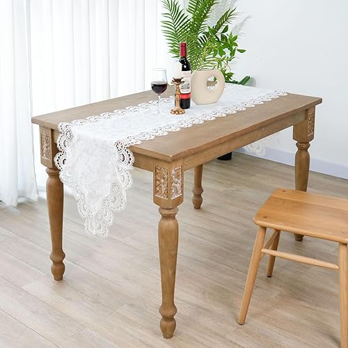 Miniatura 6 de OOKSEN Camino de mesa blanco, camino de mesa auxiliar de encaje floral, camino de macramé para fiesta, tocador de mesa con tela blanca para verano,