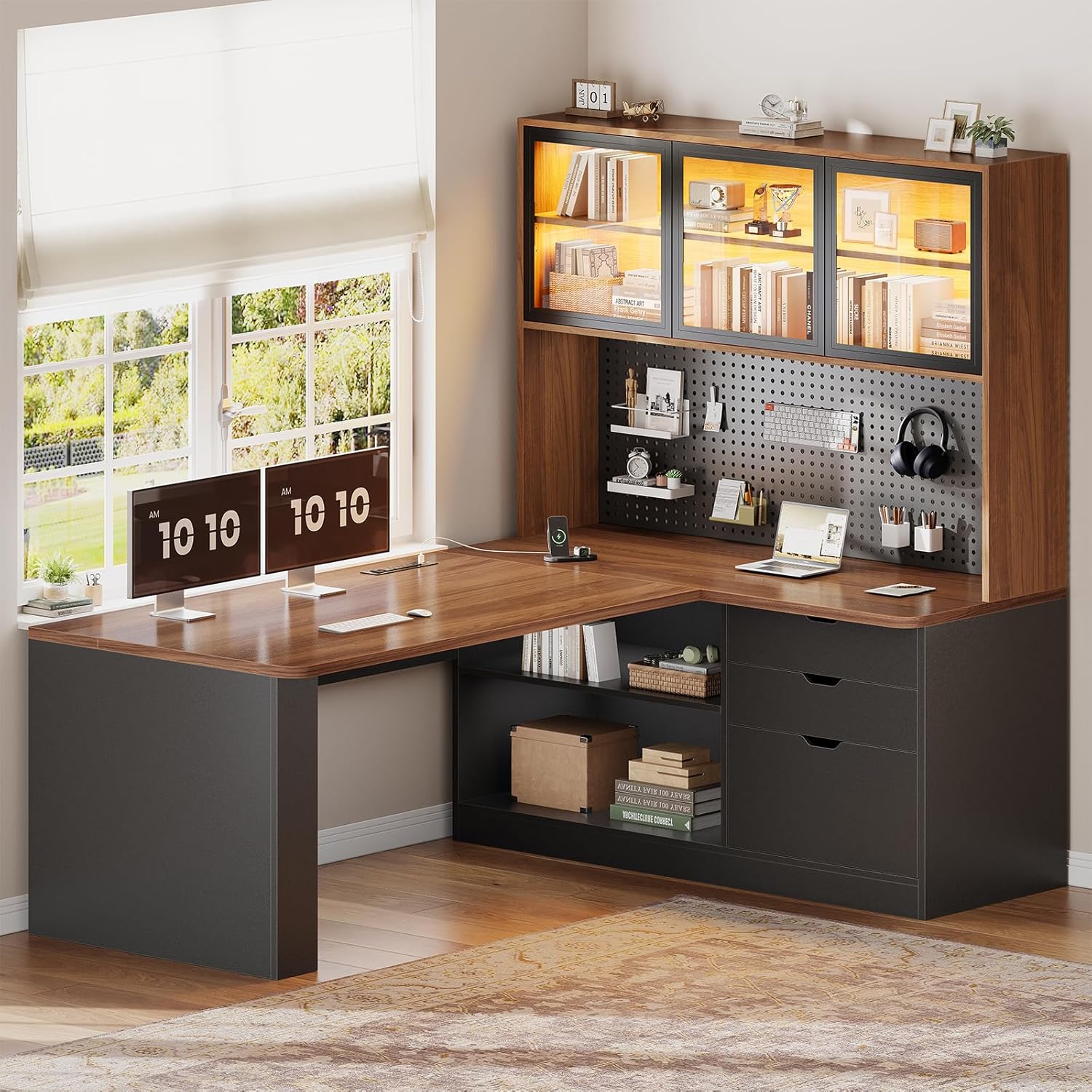 SEDETA L Shaped Office Desk, Computer Desk with 3 Wood Drawer and Large Bookshelf, L Shaped Corner Gaming Desk with LED Light, Display Cabinet and Pegboard, 27.5" W Large Desktop Table, Brown