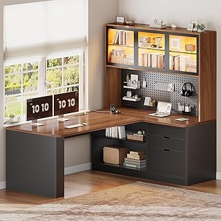 SEDETA L Shaped Office Desk, Computer Desk with 3 Wood Drawer and Large Bookshelf, L Shaped Corner Gaming Desk with LED Light, Display Cabinet and Pegboard, 27.5" W Large Desktop Table, Brown