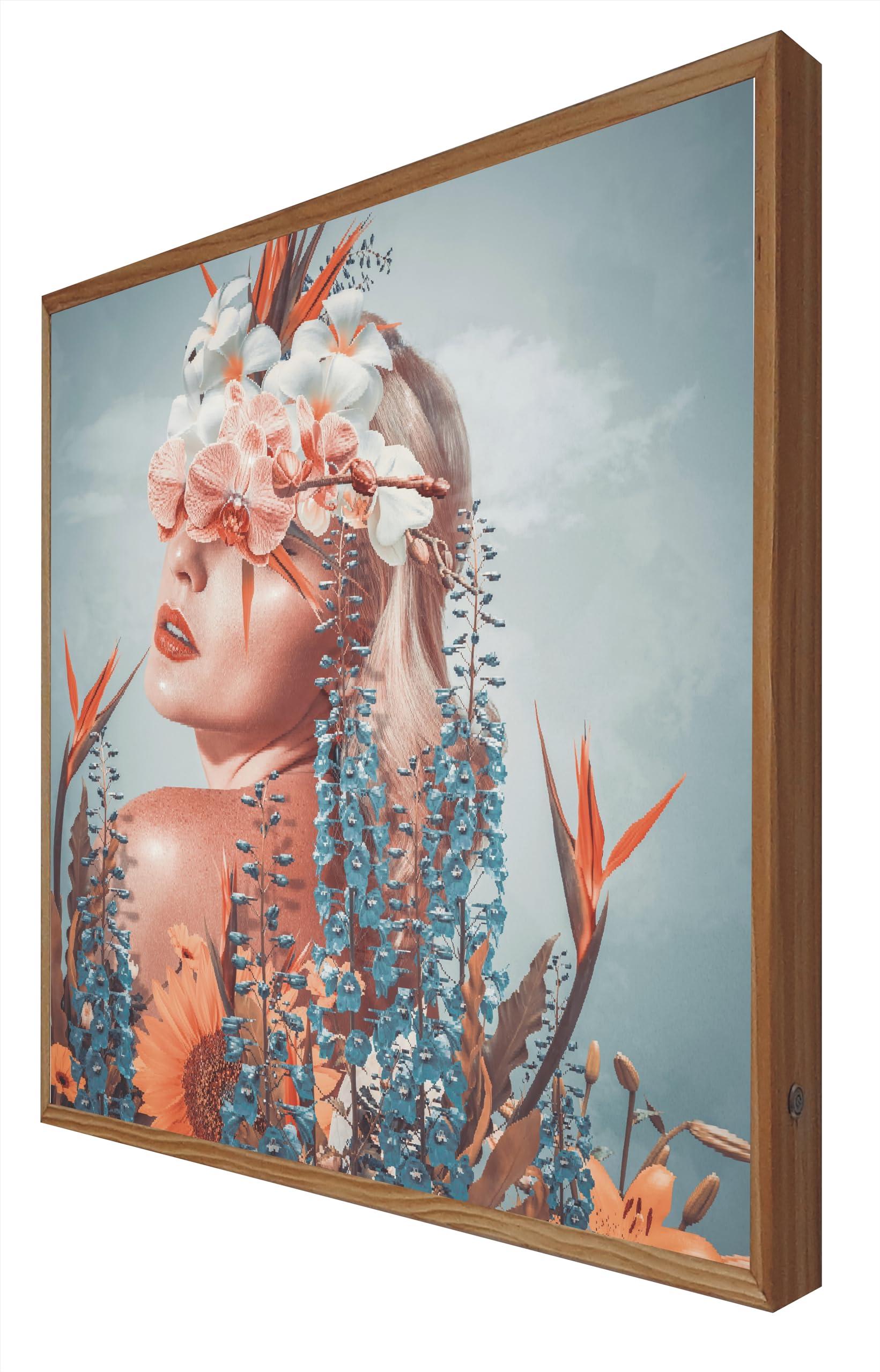 Tableau rétro-éclairé femme avec coiffe et cadre en bois 80x60 cm