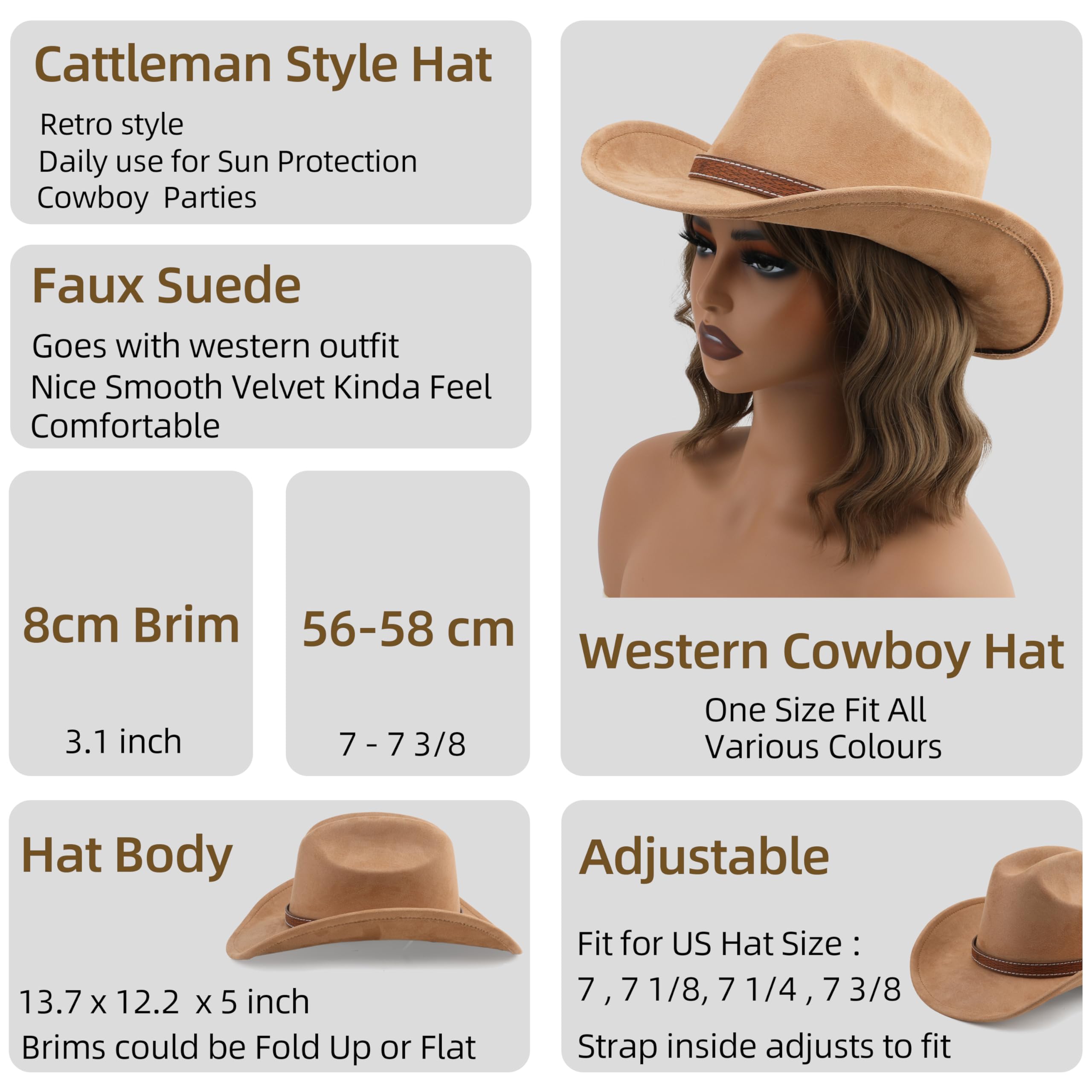 Cappello da cowboy occidentale per donne e uomini, piccolo cappello corto a tesa larga da spiaggia cowgirls cappelli da cowboy