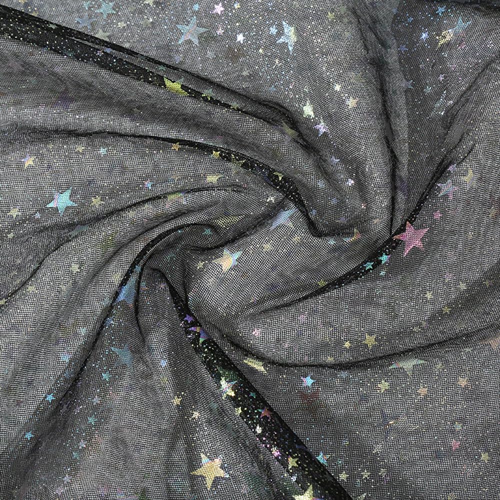 Black Iridescent Star Mesh Fabric, 1.5mx1m Sparkly Polyester Tulle Mesh Fabric for Sewing Crafts Wedding Decoration