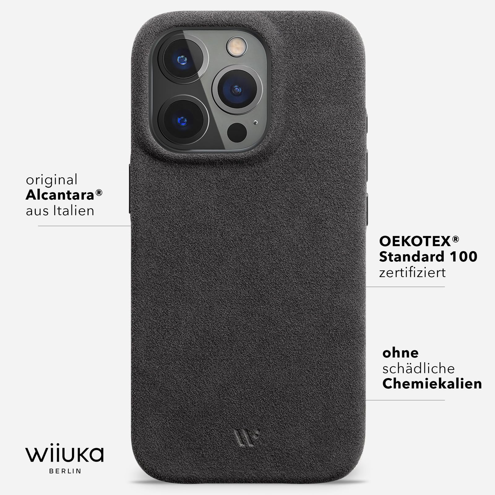 WIIUKA futerał na iPhone 16 Pro Max, oryginalna alcantara®, ręcznie robiona, bardzo cienka, etui klasy premium, Qi, alternatywa dla skóry, skiin Alcantara, kolor Mystery Grau