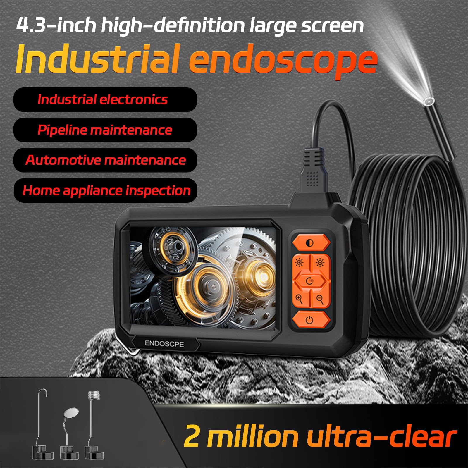 Camara Endoscopica con Pantalla y Luz, 8 mm 4,3 Pulgadas IP67 Resistente al Agua 1080P HD inspección de alcantarillado endoscopio Industrial con 8 Luces LED, Cable semirrígido de 5 m
