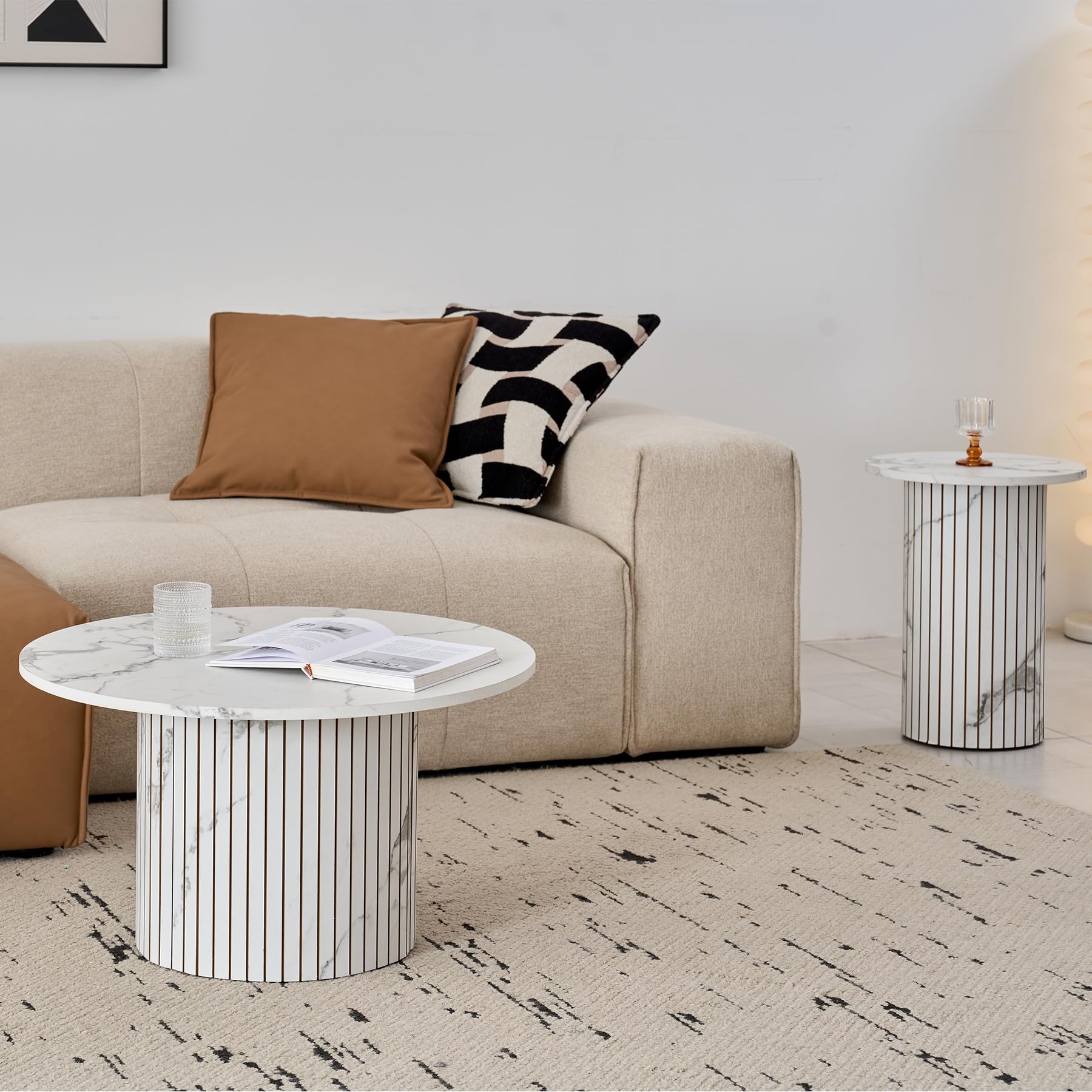 Ensemble de 2 Tables Basses Rondes Gigognes, Table Basse Moderne à Tambour Cannelé pour Salon, Chambre, Balcon et Bureau (Blanc (Grain de marbre))