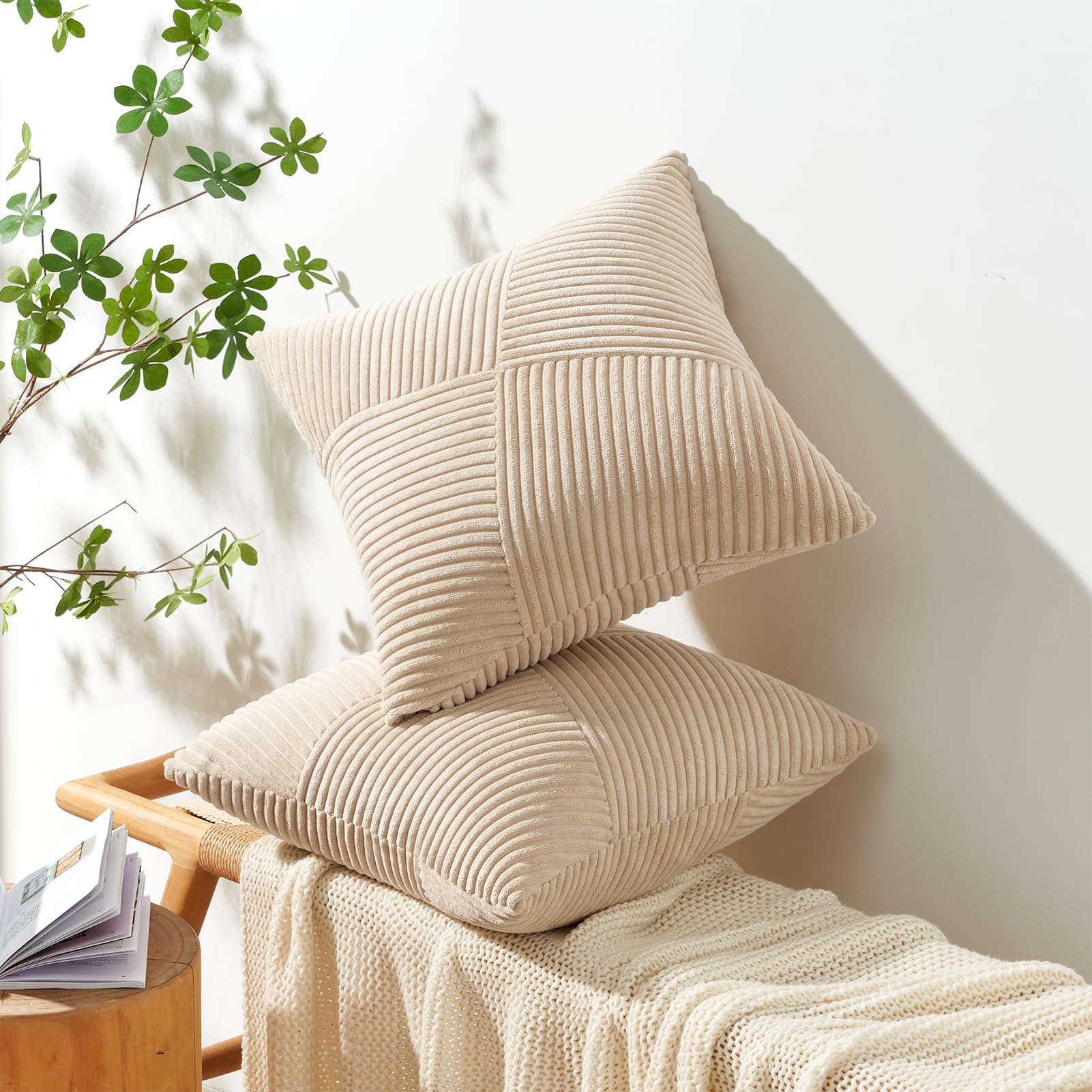 Topfinel Tan Cushion Covers 40x40 cm 16x16 Inch Set of 2 Corduroy Patchwork Pinwheel Throw Pillow Cases with Invisible Zipper Decorative Sofa Cushion Covers for Living Room Bedroom Sofa Bed - Image 3