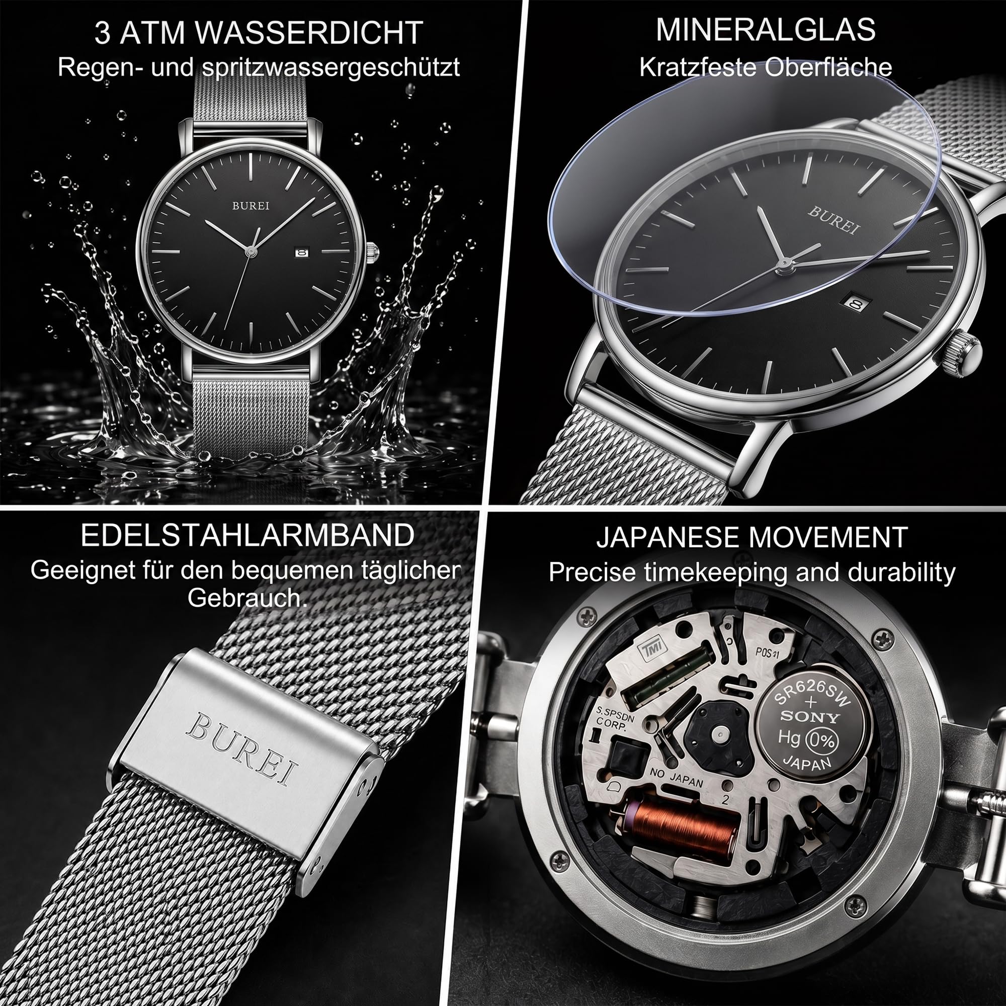 BUREI Herren Uhren Ultra Dünne Minimalistische Quarzuhr mit Datumsanzeige für Damen und Herren Classic Design