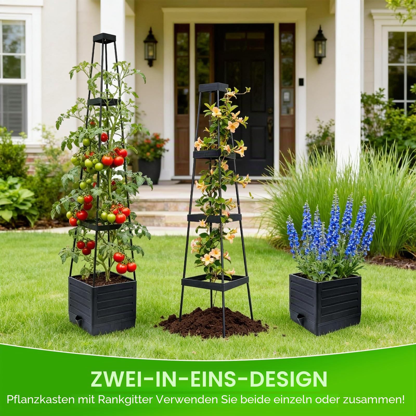 Erhöhte Pflanzkasten & Tomatenkäfig mit Rankgitter, selbstbewässernd, Tomatenstützen für kletternde Gemüsepflanzen – Geeignet für Terrassen, Gewächshäuser, Innen- & Außenbereich (2 Stück)