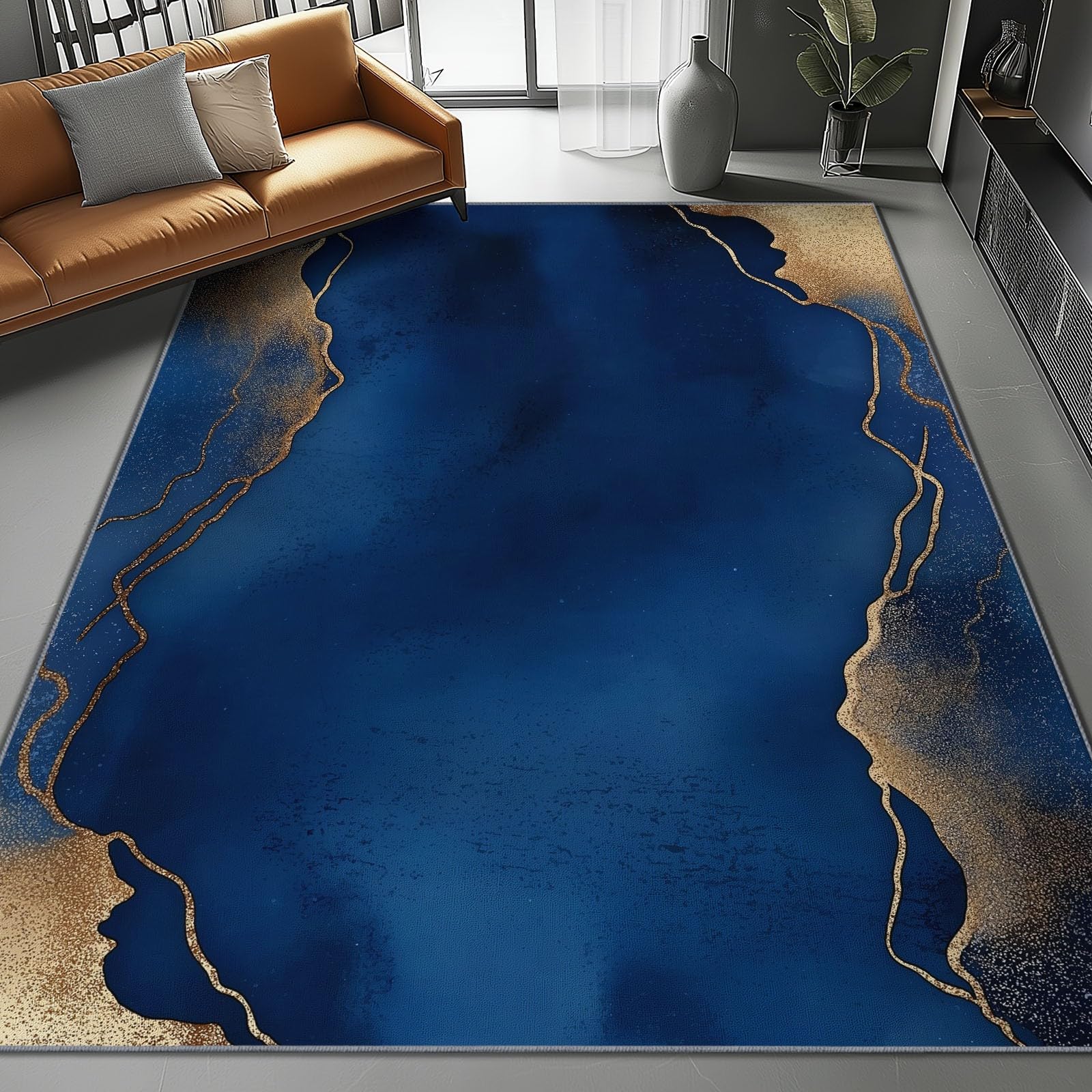 Tapis de Salon 140 x 200 cm – Antidérapant, Doux et Épais Lavable en Machine, Motif Bordure Dorée Abstraite – Tapis de Sol pour Chambre, Salle de Séjour, Bleu