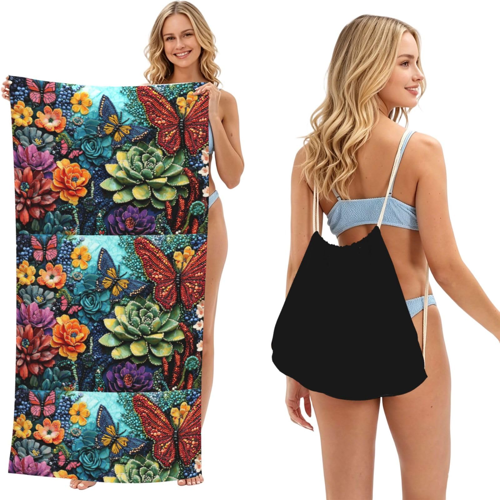 SKGOHLH Butterfly Garden 2in1 Packable Beach Towel Bag Women