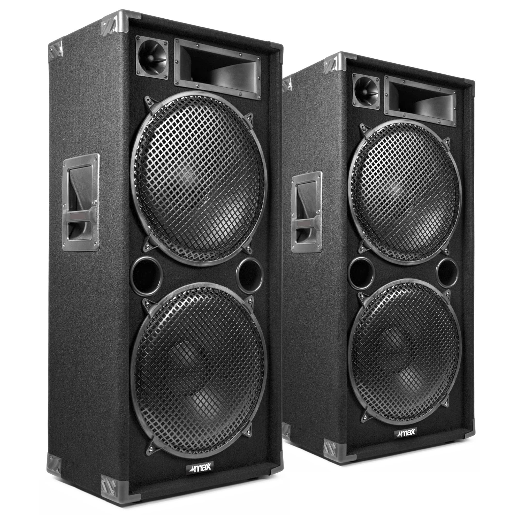 MAX MAX215 PA Lautsprecher passiv, Partylautsprecher Set, 4000 Watt Partyboxen Set mit Griffe, 2 x 15 Zoll Doppel-Tieftöner, Passiv, DJ Party Lautsprecher, Lautsprecherbox, Schwarz