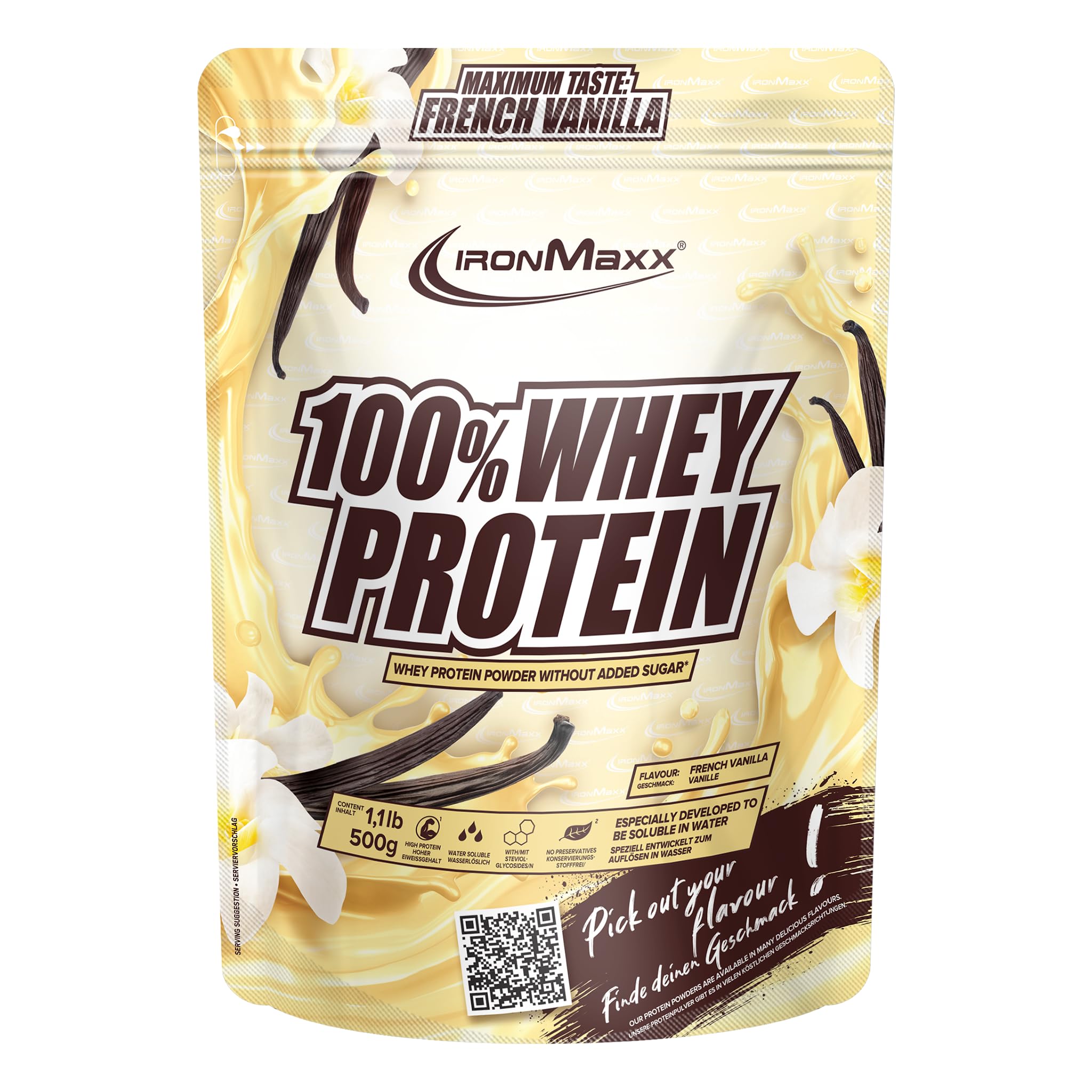 IronMaxx 100% Whey Protein Pulver 500g - Vanille | Cremiger Eiweißshake mit BCAAs & EAAs | High Protein, Low Carb & zuckerarm | Ideal für Muskelaufbau & Fitness