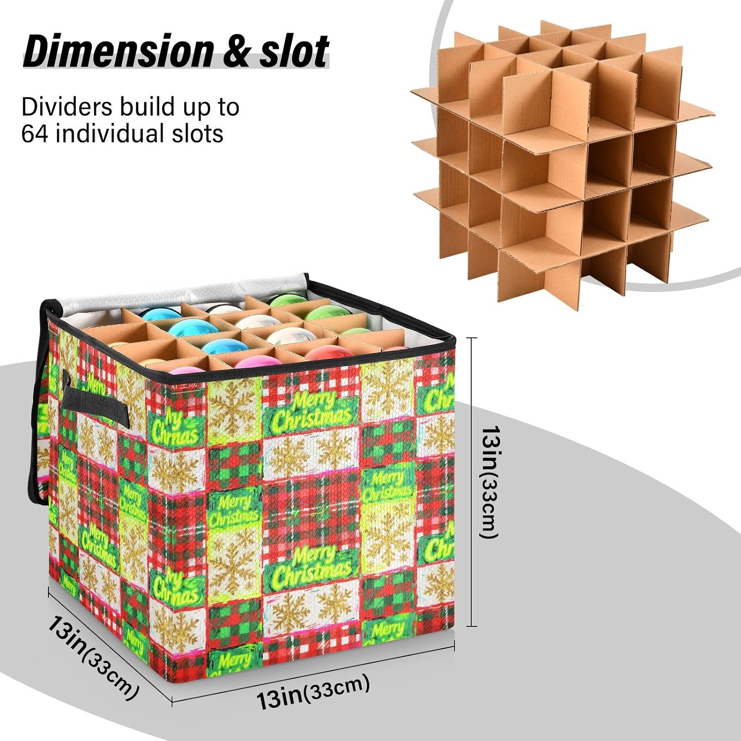 High Capacity Christmas large ornament storage Holds Up to 64, Adjustable Dividers telescoping Holiday Storage Case with Lid,Merry Christmas Checkered Pattern