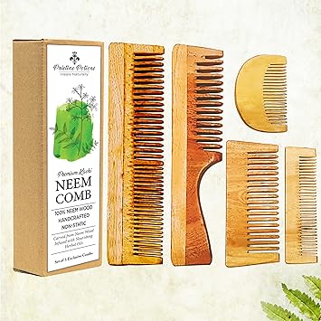 Pristine Potions Premium Kachi Neem Comb Family Pack for Men & Women I Pure Neem Wood, Handcrafted, Oil Infused & Non-Static I (Set of 5 Exclusive Combs)