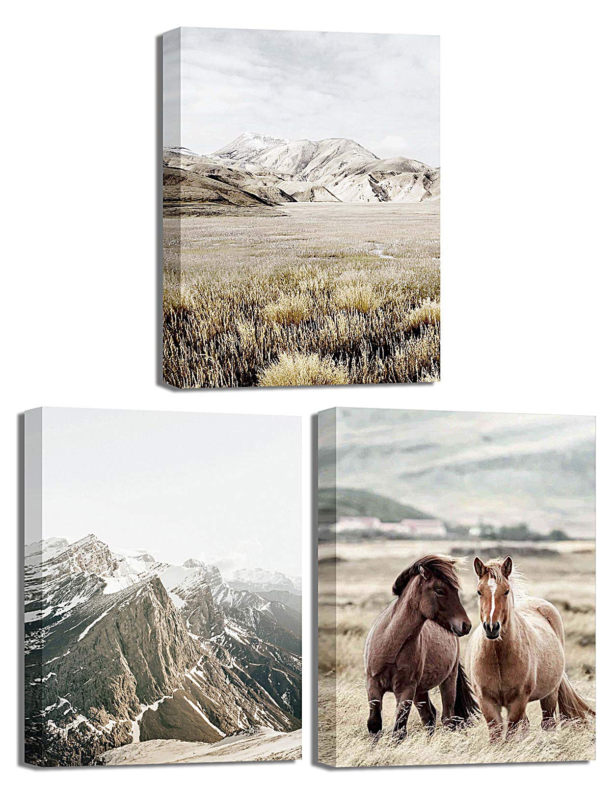 Mooflapha Wall Decor Art Horse Mountain Landscape Country Barn Rustic Canvas 3 Pieces 12''x16''x3 Stretched Print Artwork for Bedroom Living Room Decoration
