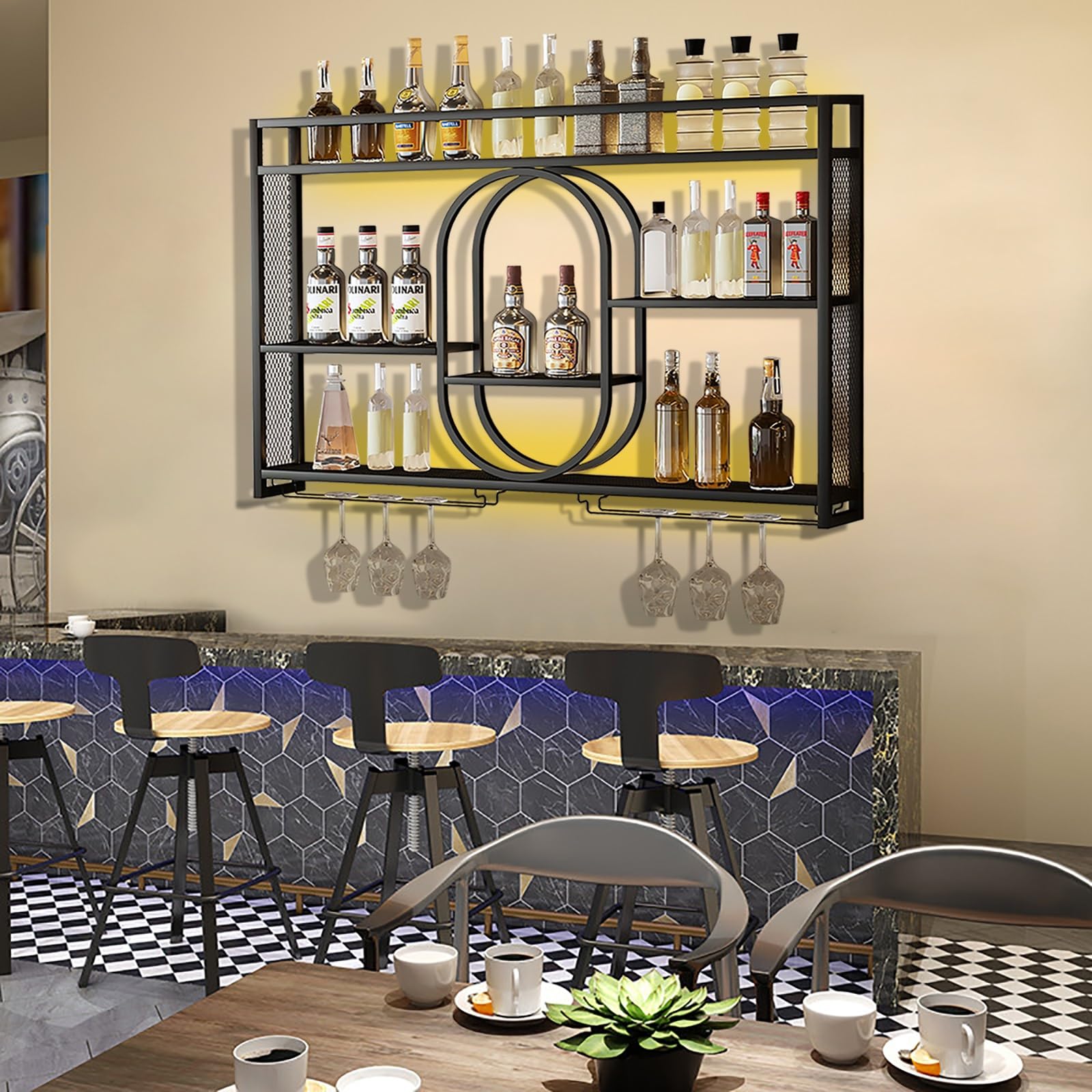 Estante de vino montado en la pared con luz LED, estantes flotantes de 3 niveles para exhibición de botellas de licor y soporte para copas de vino, almacenamiento elegante para bar en casa