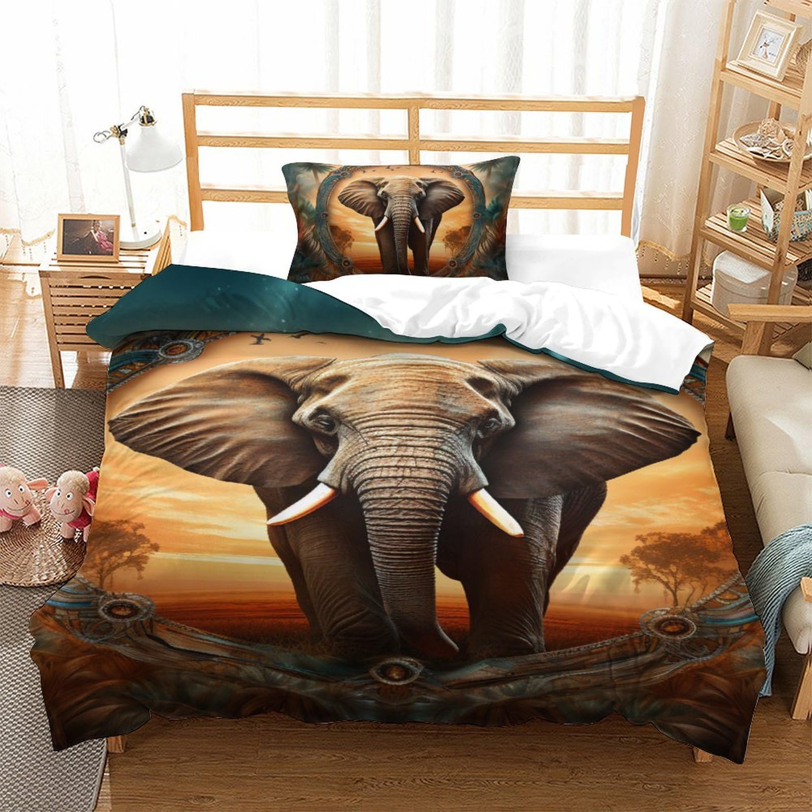 Housse de couette éléphants 2 pièces 135x200cm avec taies d'oreiller pour adultes