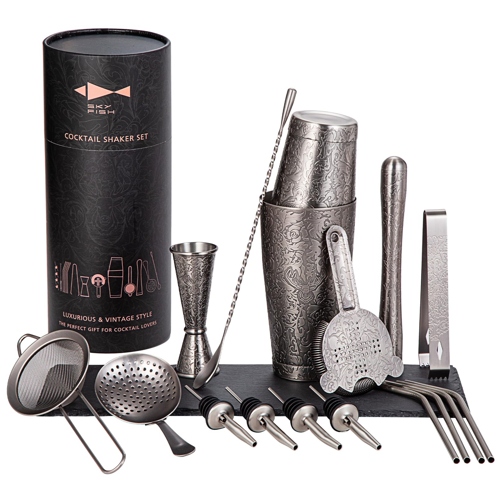 SKY FISH® Boston Cocktail Shaker Set, 3D Embossed Design Bartender Set, 18-Piece Cocktial Making Kit, Stainless Steel Barware Tool Set, Space Grey