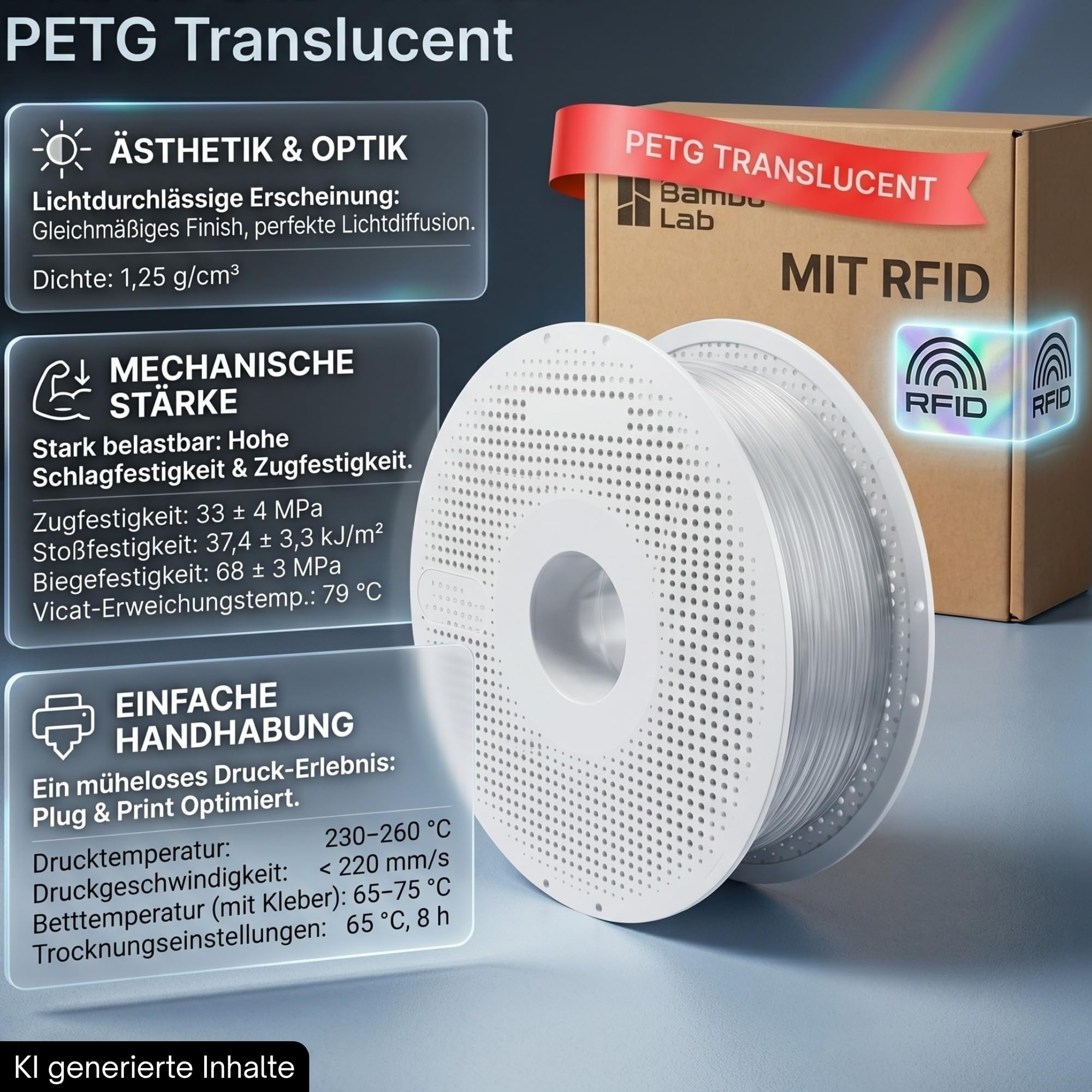 Pasuje do Bambu Lab 1 kg PETG TRANSLUCENT przezroczysty z chipem RFID, przezroczysty filament do druku 3D, 1,75 mm, do bambusowych lab, akcesoria P1S, P2S, H2C, H2D, H2S, X2D, do AMS, przezroczysty
