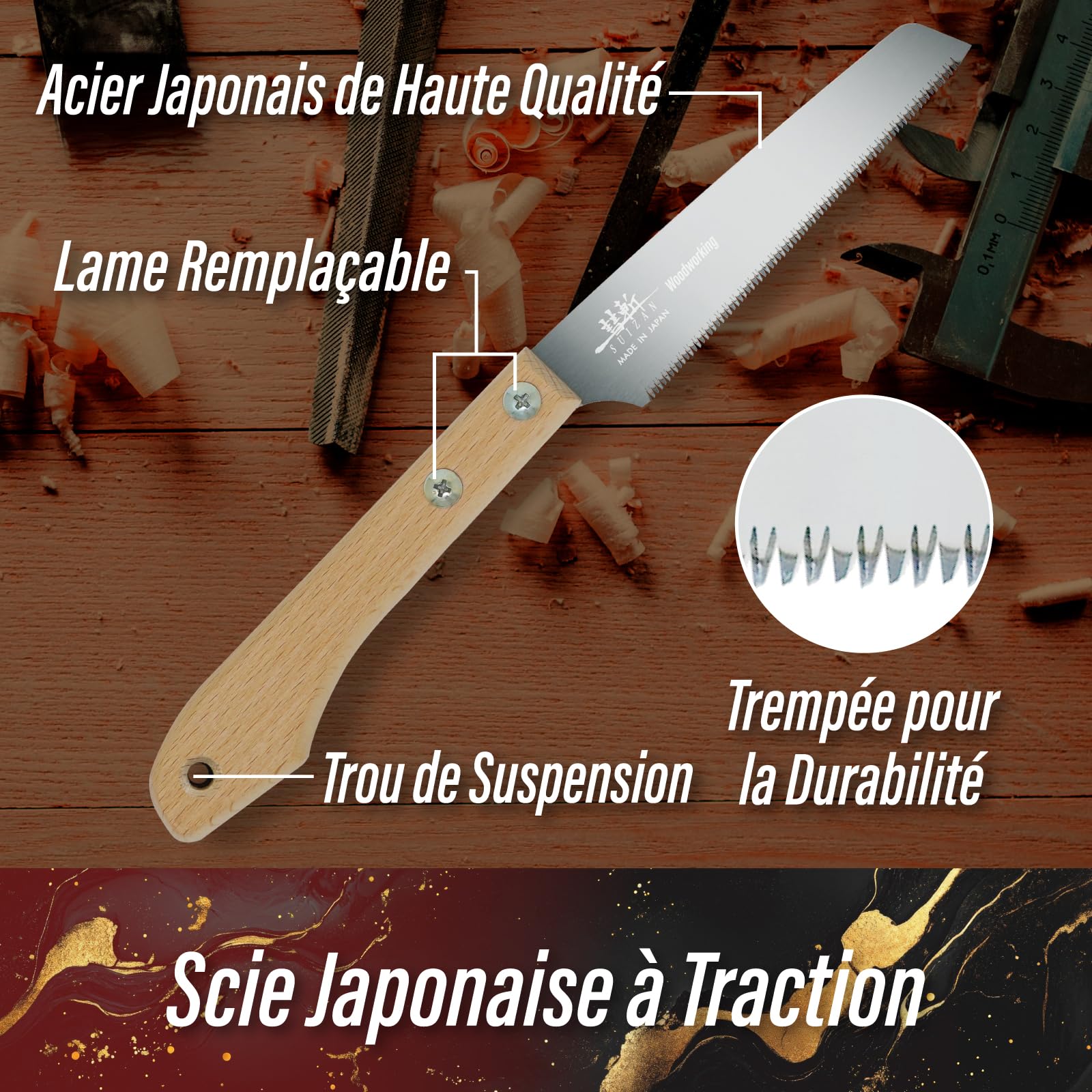 SUIZAN Petite Scie à Main 120mm Lame Polyvalente - Égoïne Japonaise Compacte à Traction Simple Tranchant Outil pour Bois