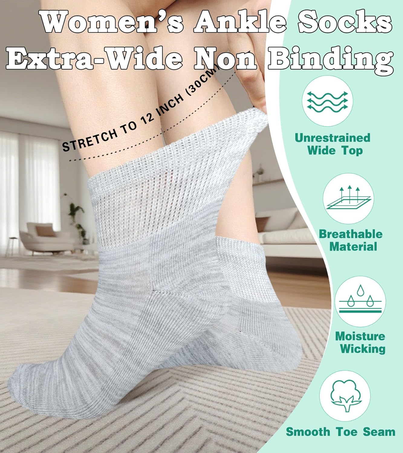 Women's Diabetic Ankle Socks Super Wide for Swollen Bariatric Feet, Neuropathy Non Binding Sock 4 Pairs - Image 2