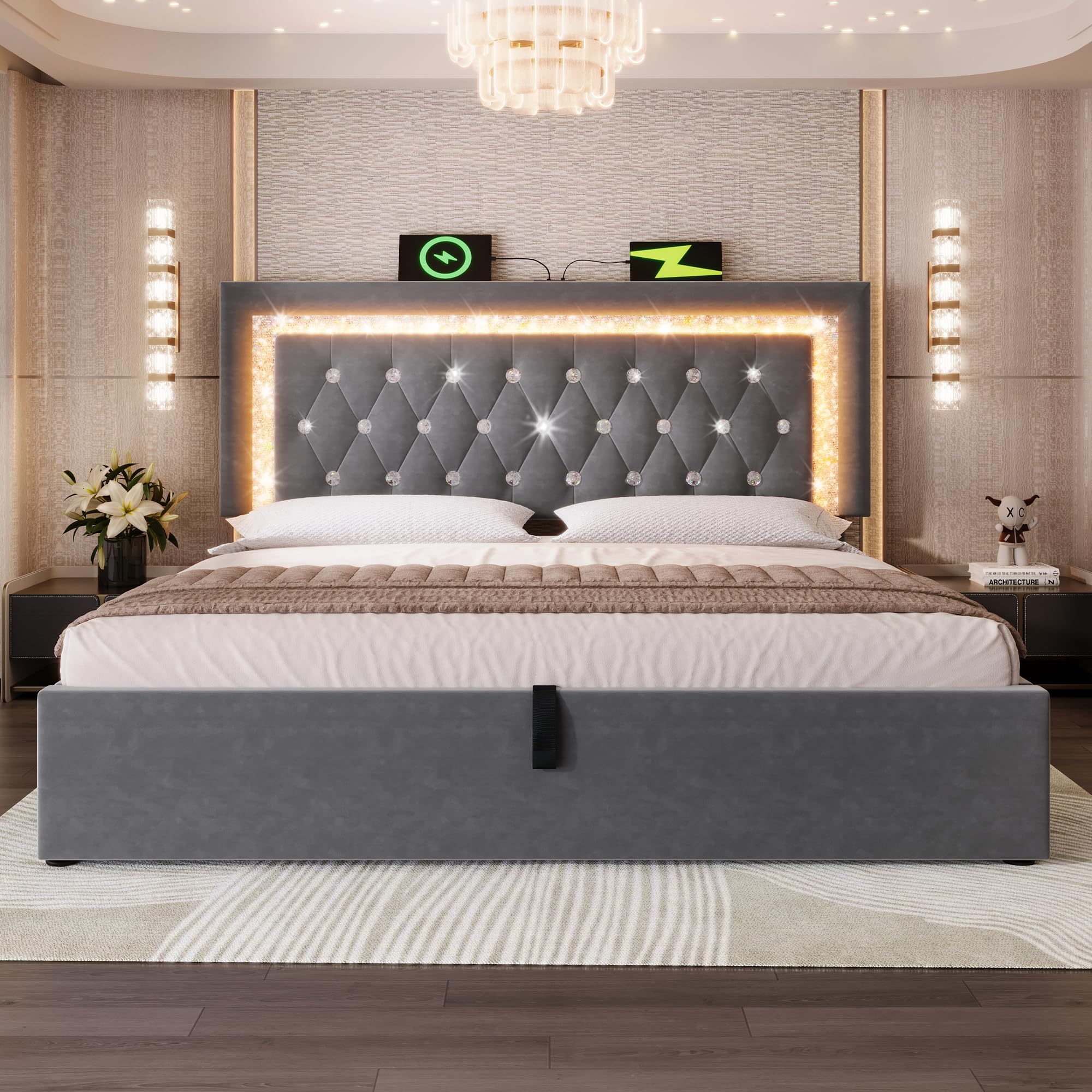 Cama Tapizada Matrimonio 160x200 con LED Cabecero y USB, Gris