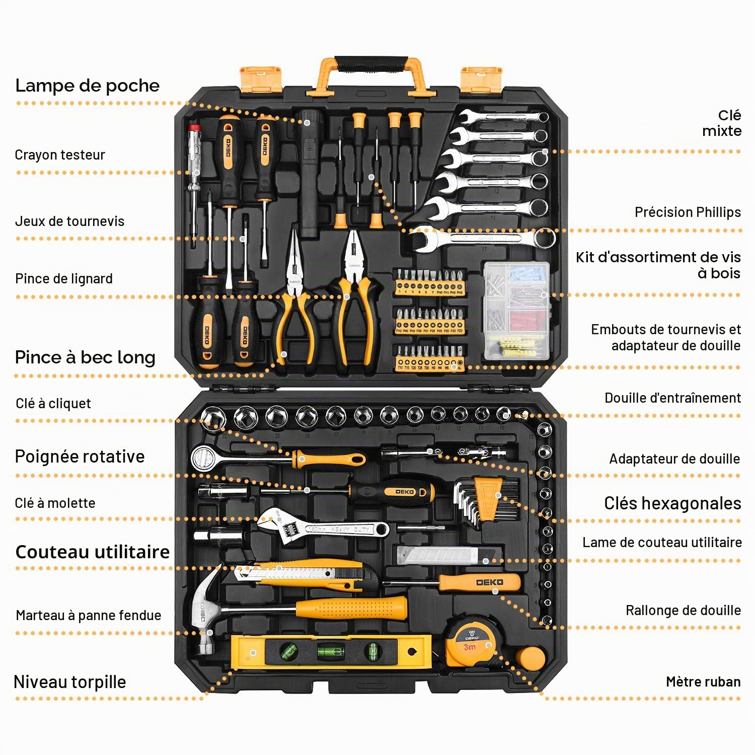 DEKOPRO Ensemble de 208 Outils à Main, boîte à Outils de réparation Automobile avec boîte de Rangement en Plastique