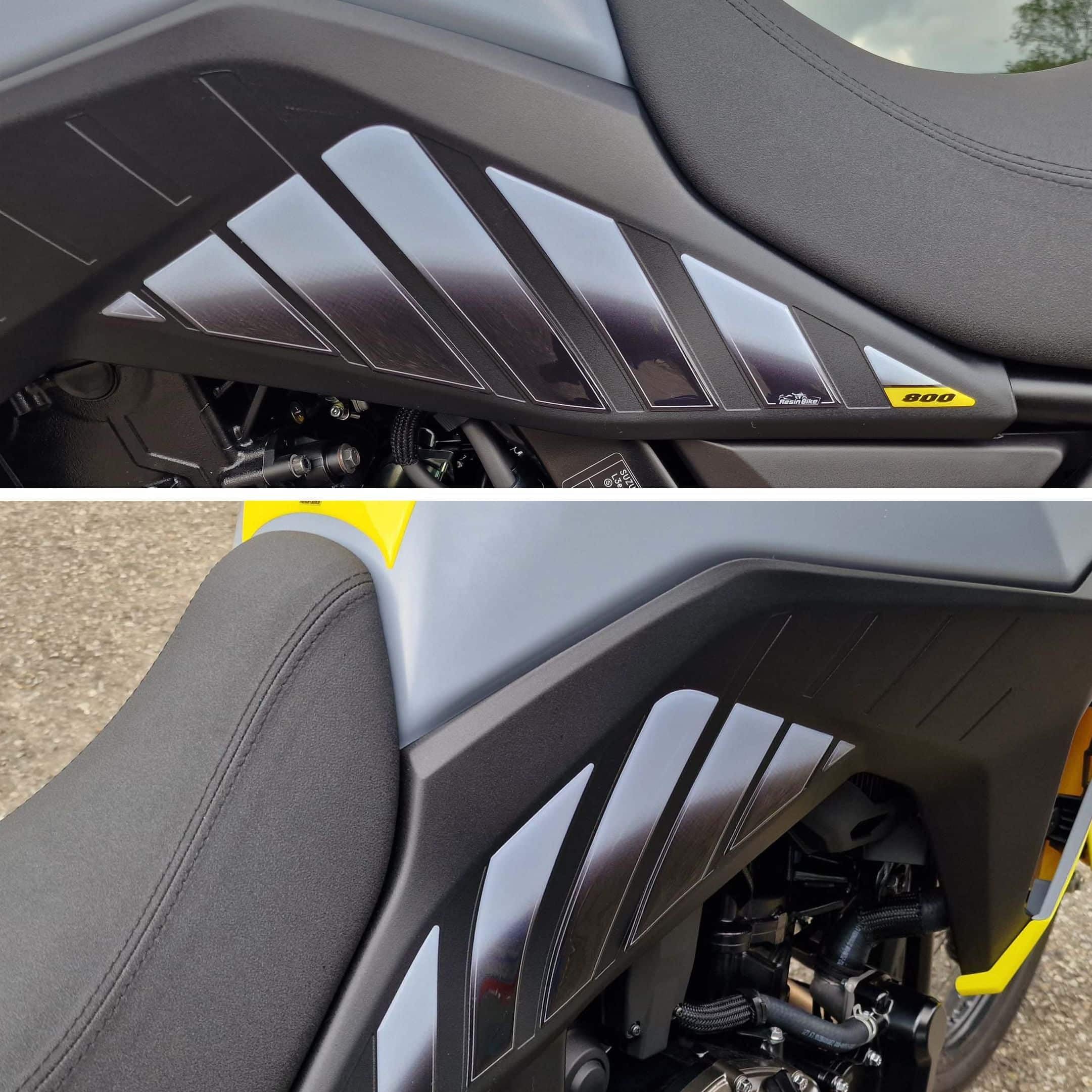 Resin Bike naklejki moto kompatybilne z Suzuki V Strom 800 DE 2023. Ochrona boczna zbiornika paliwa motocykla przed uderzeniami i zarysowaniami. Para naklejek 3D z żywicy w kolorze szarym Berlin