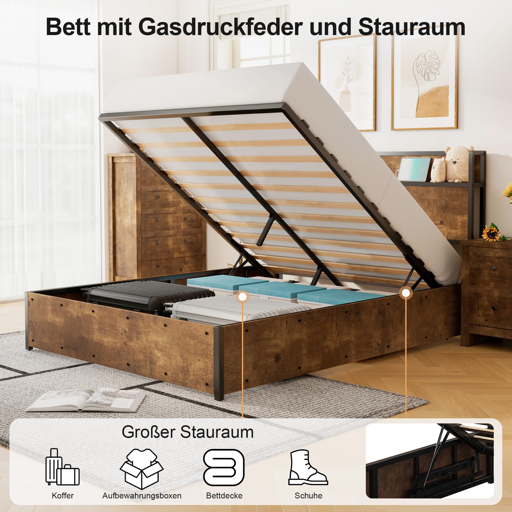 LUXOAK Bett 160x200 mit Stauraum und Hebemechanismus, Plattformbett mit Kopfteil aus Holz, Staufächern und Ladestation, Ohne Matratze (Braun, 160x200cm)