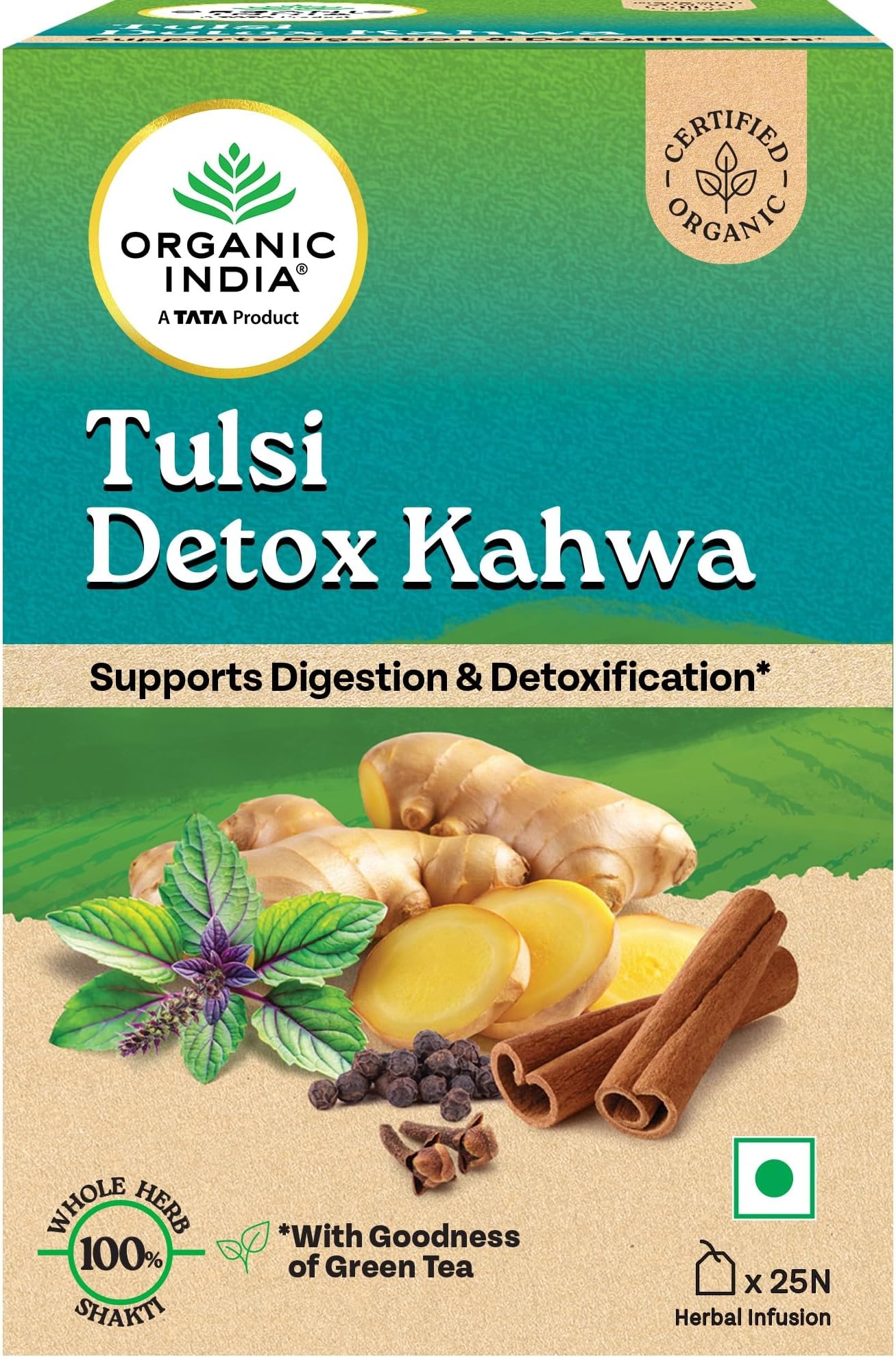 A TATA Product - Organic India Tulsi Detox Kahwa - 25 Tea Bags, Helps Improve Digestion & Detoxification, Rich in Antioxidants, Made with Tulsi, Ginger, Clove, and Green Tea