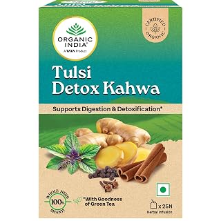 A TATA Product - Organic India Tulsi Detox Kahwa - 25 Tea Bags, Helps Improve Digestion & Detoxification, Rich in Antioxidants, Made with Tulsi, Ginger, Clove, and Green Tea