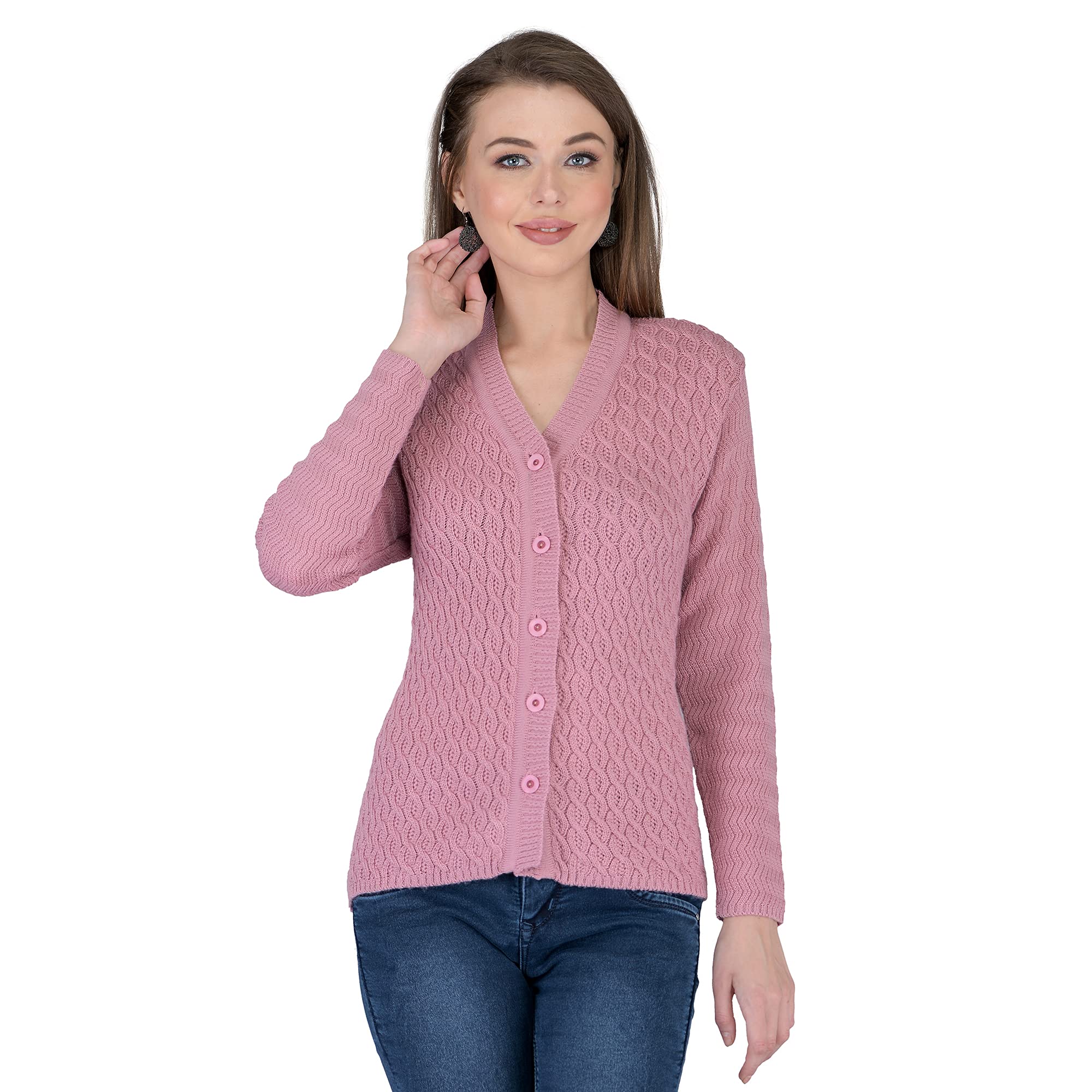 LADY WILLINGTON Women Woolen V-Neck Self Design Cardigan Heavy Daffodil Fabric Cardigan Winter Wear Pure Wool Cardigan for Women Free Size Long Cotty Fully Warm Cardigans with Pockets