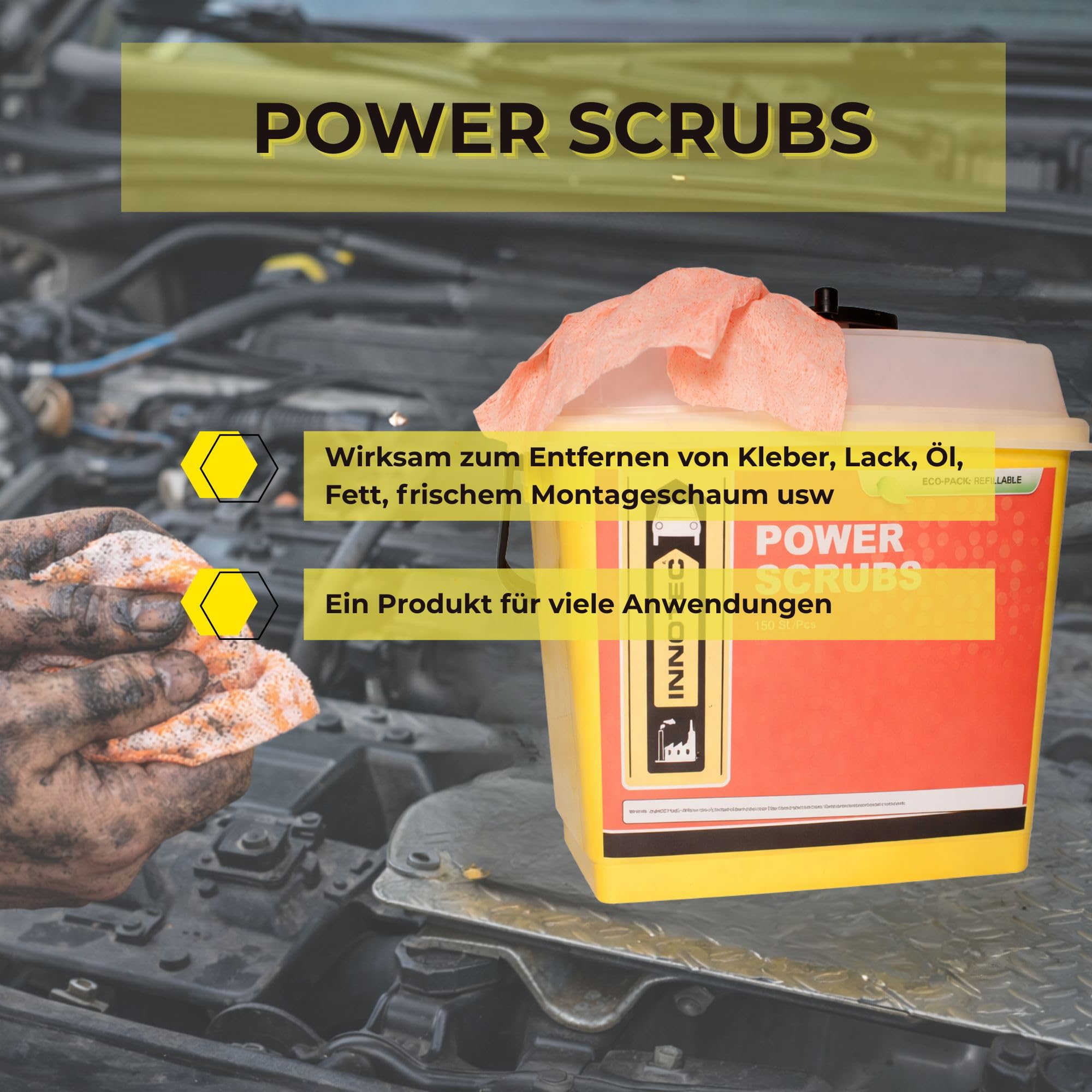 INNOTEC Power Scrubs Box mit 150 Stück – leistungsstarke Reinigungstücher für verschmutzte Hände & Oberflächen – entfernen Fett, Farbe, Kleber, Ruß – ideal für Werkstatt, Industrie & Handwerk