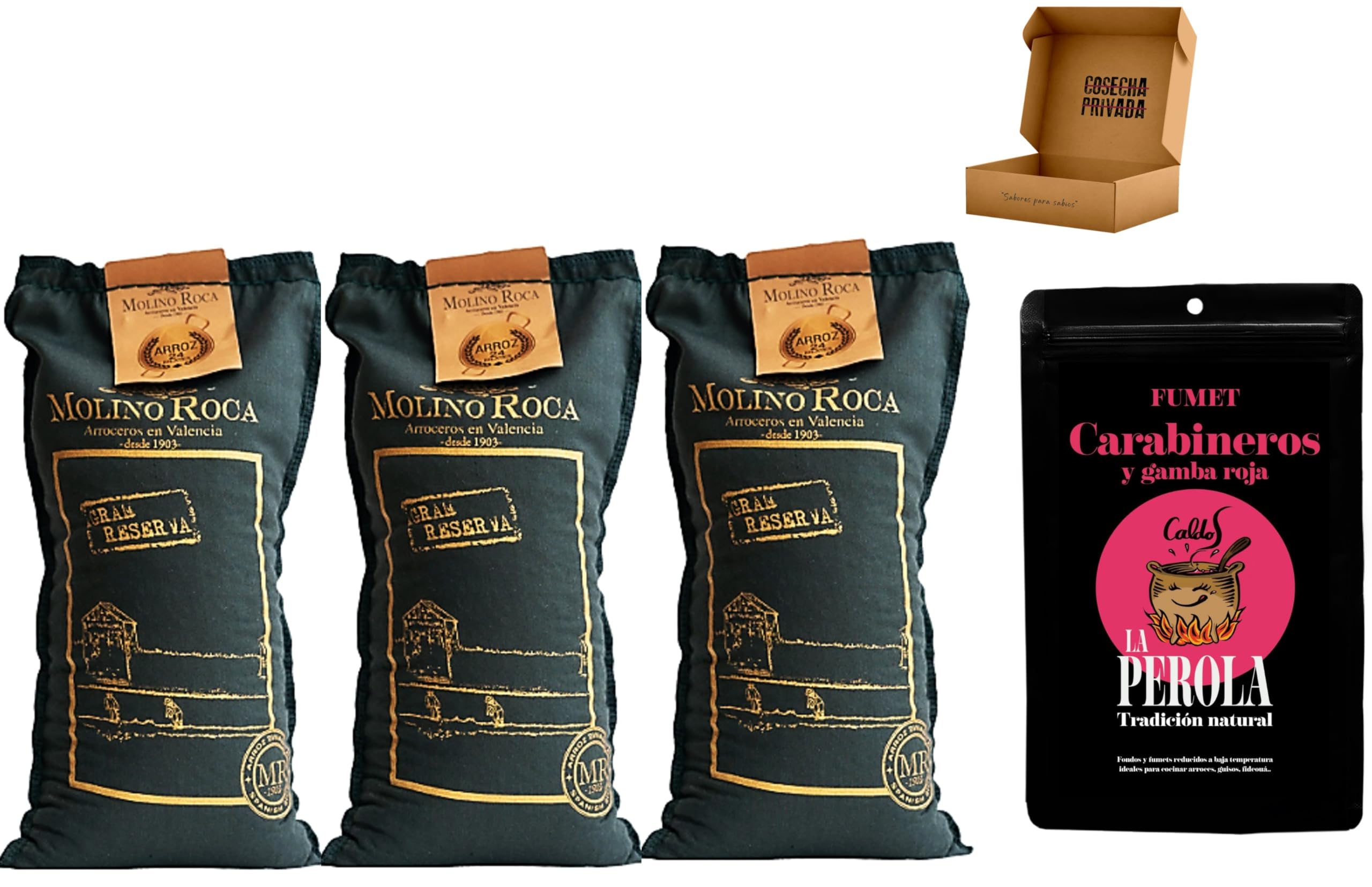 Pack Arroz Molino Roca + Fumet La Perola - 35 Raciones - Envío 24 h - Pack completo para elaborar fácilmente el mejor arroz del mundo con caldo natural - Cosecha Privada (Pack Carabinero)