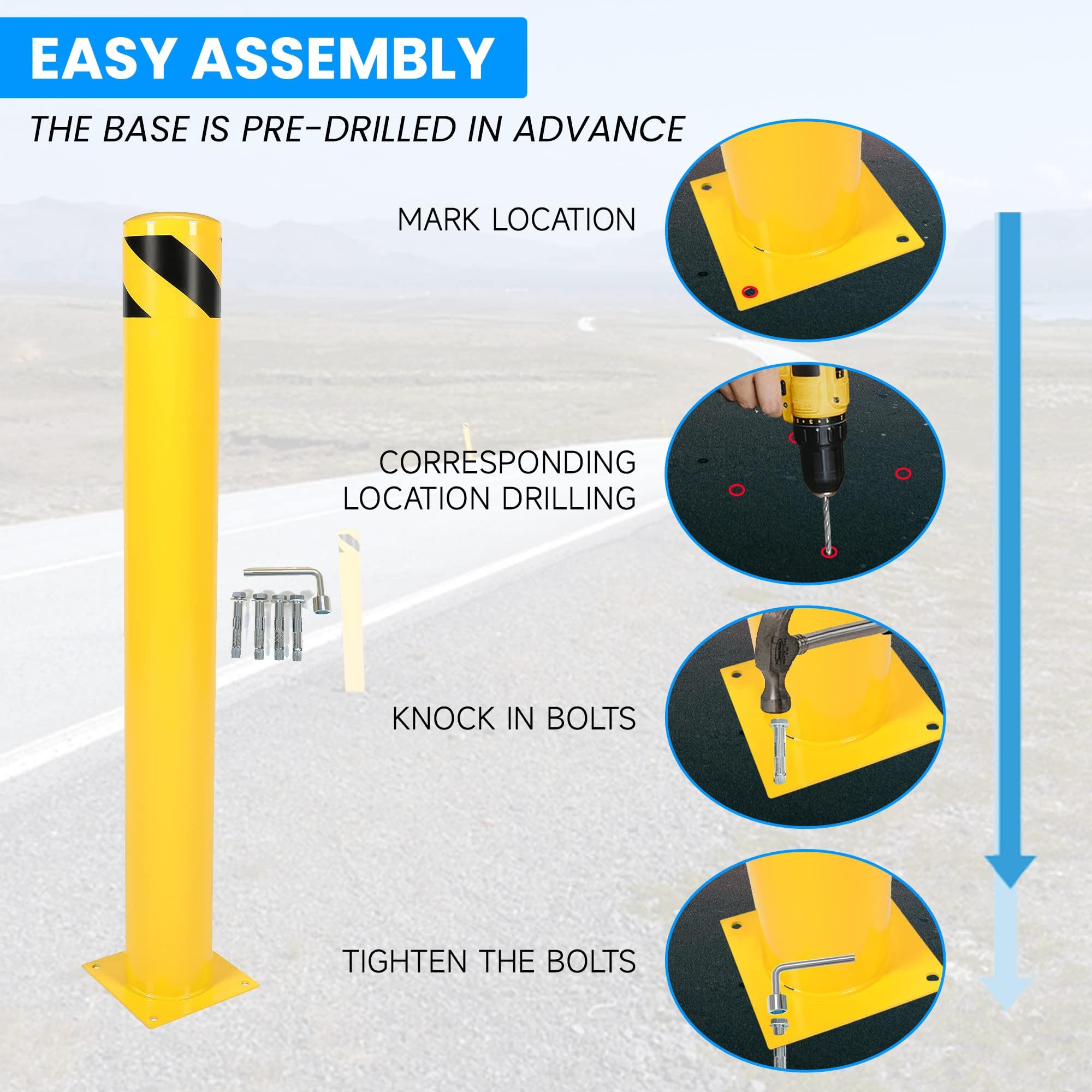 HECASA Safety Steel Bollard Post 42" x 4.5" Removable Yellow Powder Coat Street Pipe Steel Safety Barrier with 4 Free Ancher Bolts for Traffic-Sensitive Area, Garage or Parking Lot
