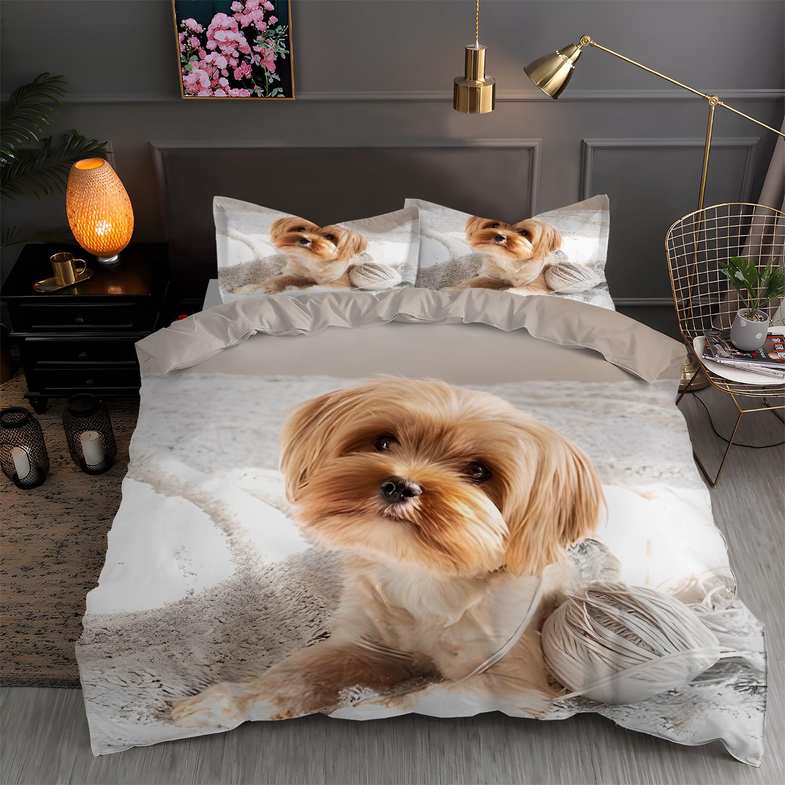 Beige Super King Duvet Cover Shih Tzu 3D Bedding Sets Brushed Microfibre