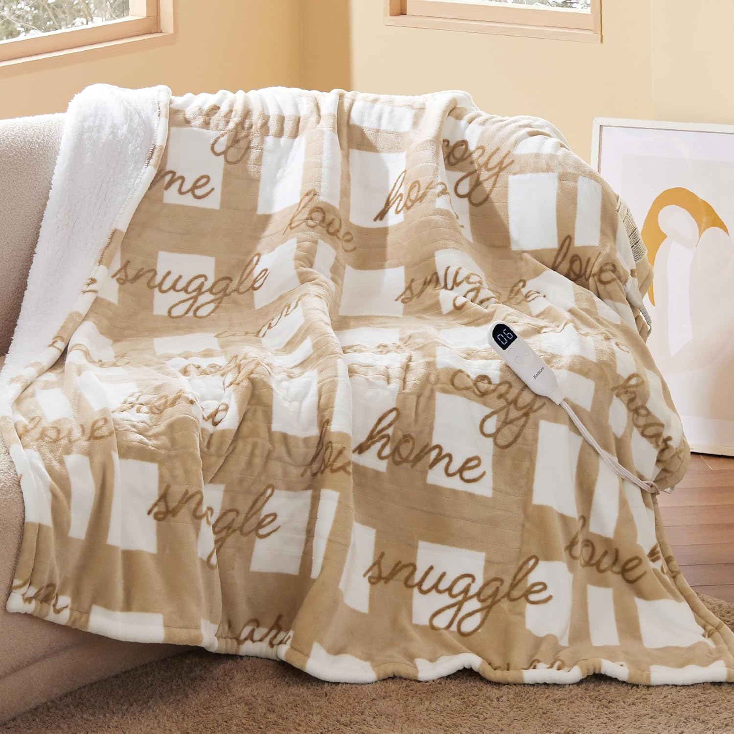 Bedsure Healing Heated Blanket Throw – Flannel Sherpa Electric Blanket with Inspirational Words, Heated Throw with 6 Heating Levels, 4 Time Settings, 3-Hour Auto-Off, Gift for Grandma (50″x60″)