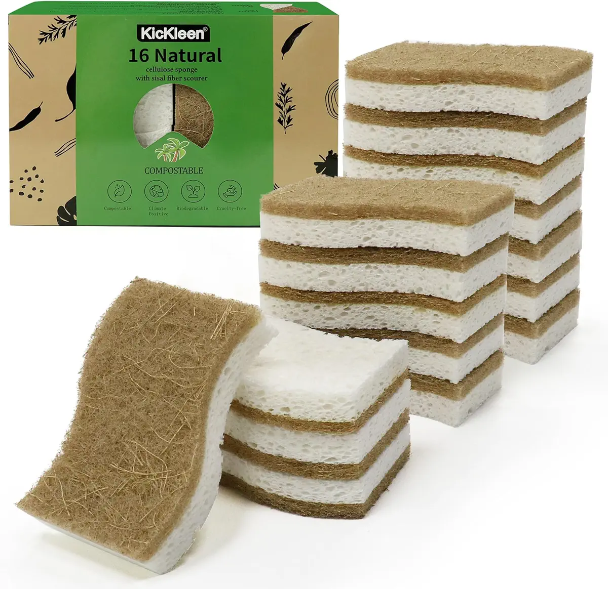 KICKLEEN 16 Pack Biodegradable Natural Kitchen Sponge - Compostable Cellulose and Coconut Walnut Scrubber Sponge - Eco Friendly Sustainable Sponges for Dishes