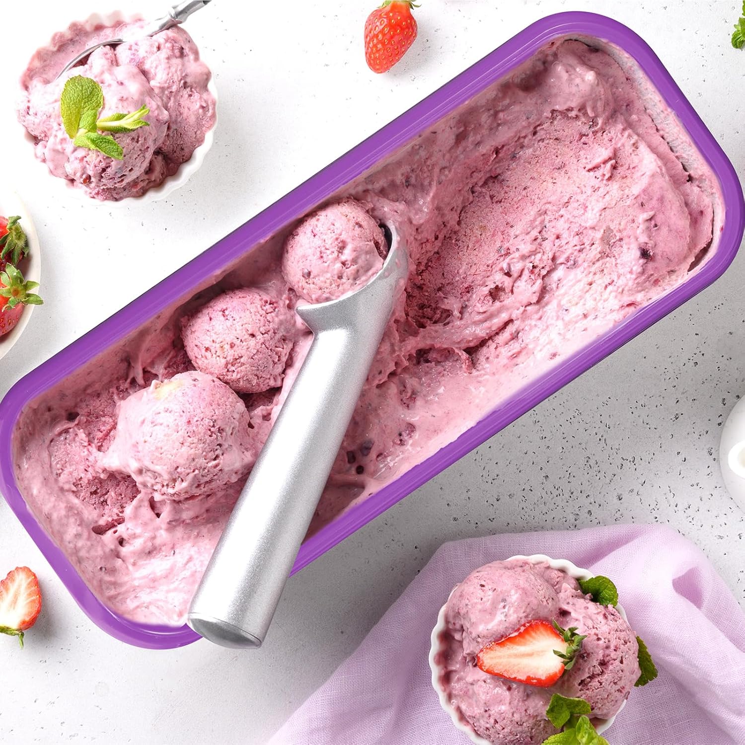 Nuenen 2 Pcs Reusable Ice Cream Containers with Lids and a Scoop 1.5 Quarts Plastic Rectangle Dessert Storage Tubs Homemade Ice Cream Storage Containers for Freezer Kitchen Refrigerator (Purple,Red) - Image 4
