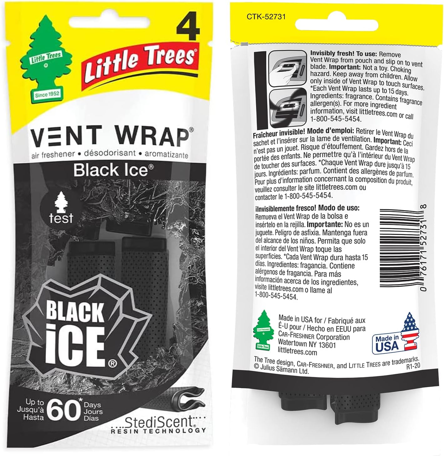 Car Air Freshener | Vent Wrap Provides Long-Lasting Scent, Slip On Vent Blade | Black Ice, Pack of 4