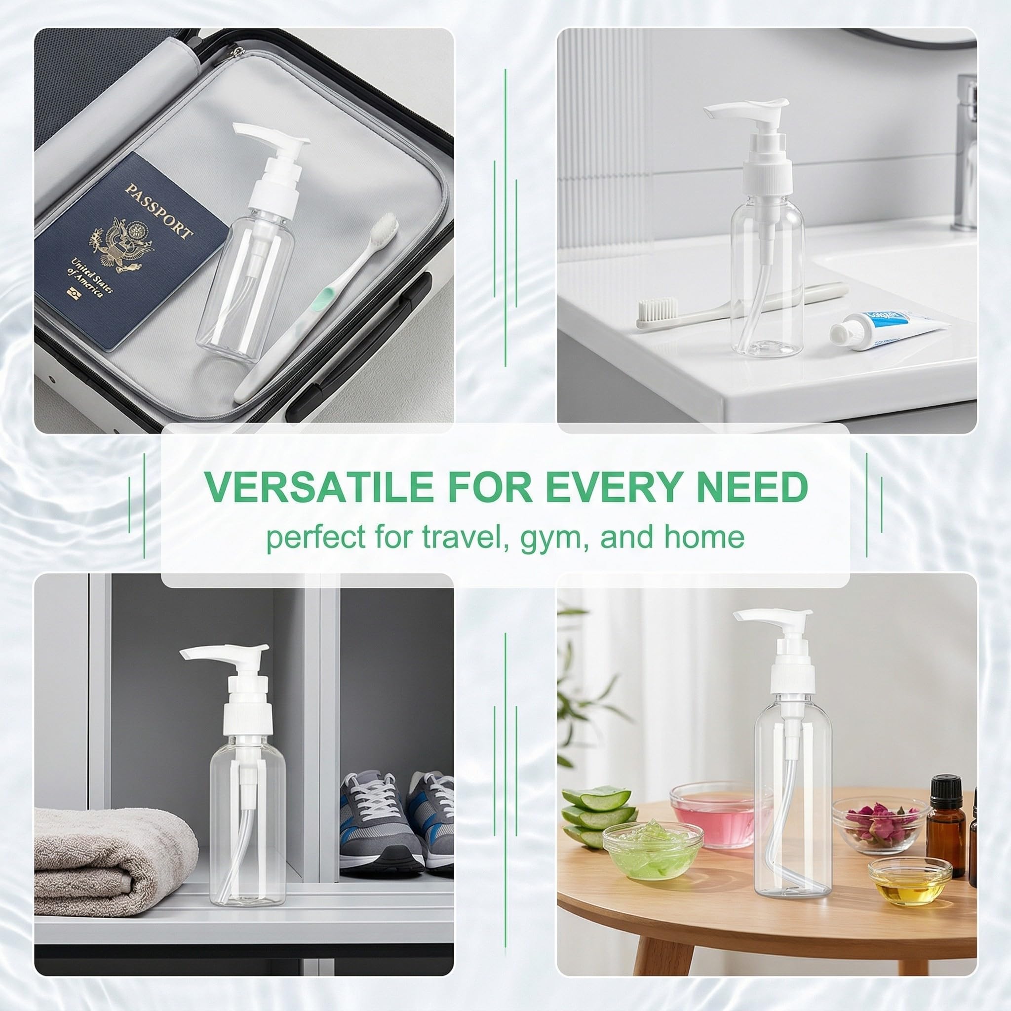 4 Pezzi dispenser per crema, 30ml, 50 ml, 80 ml, 100 ml, Trasparente enza senz'aria Flaconi da Viaggio, Boccette Contenitori Ricaricabile Con 3 imbuti, per Cosmetici, Lozione, Bagno, Shampoo Liquidi