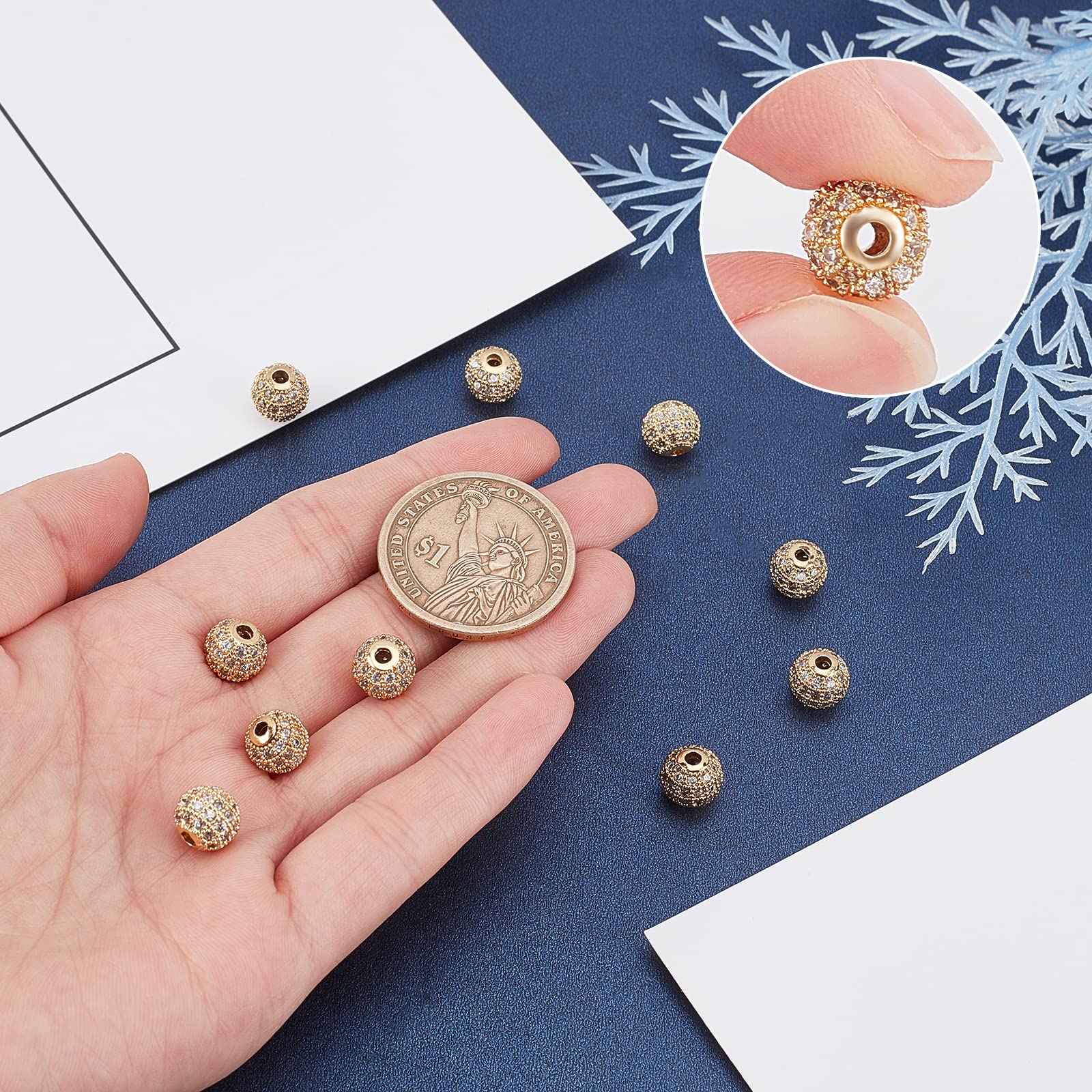 SUNNYCLUE Perline Zirconi Ottone 8 Mm - 10 Pezzi Distanziatori A Palla Da Discoteca, Ciondoli Rotondi Micro Pavé Per Gioielli Fai Da Te, Colore Oro - 3