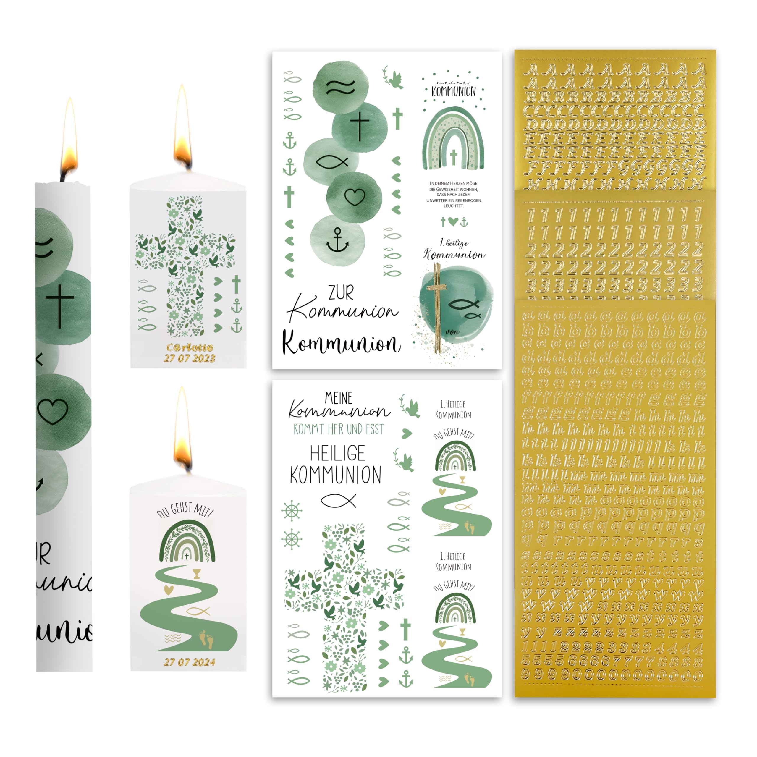 FloraVigo taufkerze selber machen set，2pcs Kerzentattoos Kommunion Taufe Kerzen Tattoofolie + 3pcs Groß- und Kleinbuchstaben Kerzen Sticker Gold Zahlen Aufkleber für Taufkerze (grüne Kommunion)
